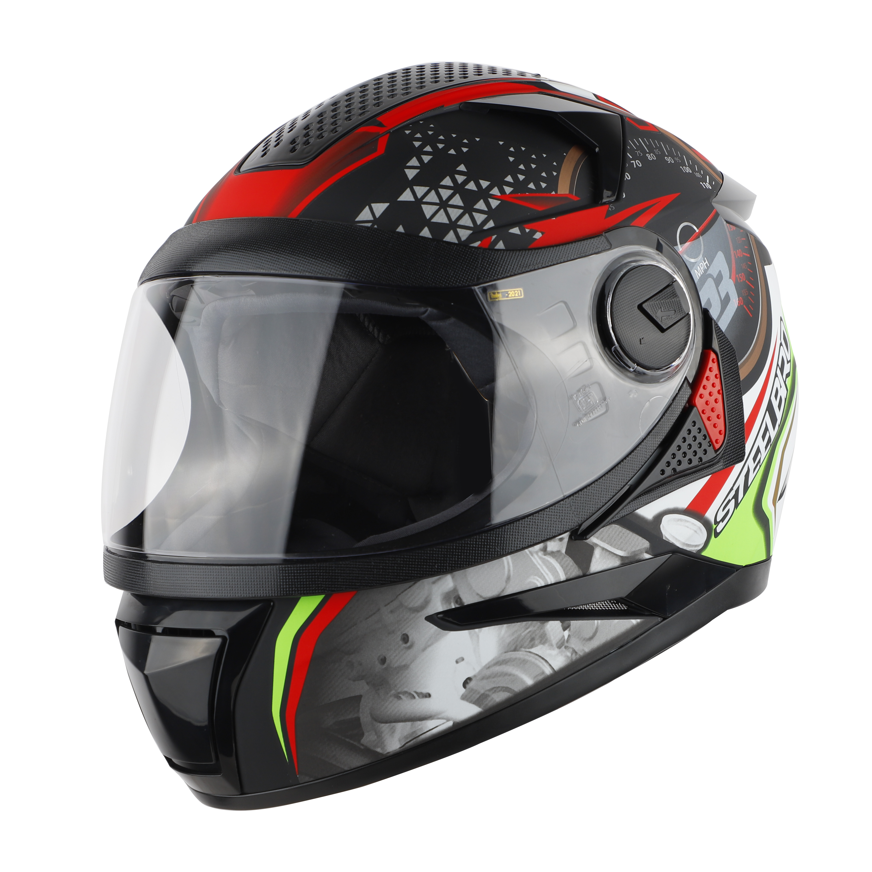 Steelbird SBH-17 Ignimeter Full Face ISI Certified Graphic Helmet (Matt Black Green With Clear Visor)