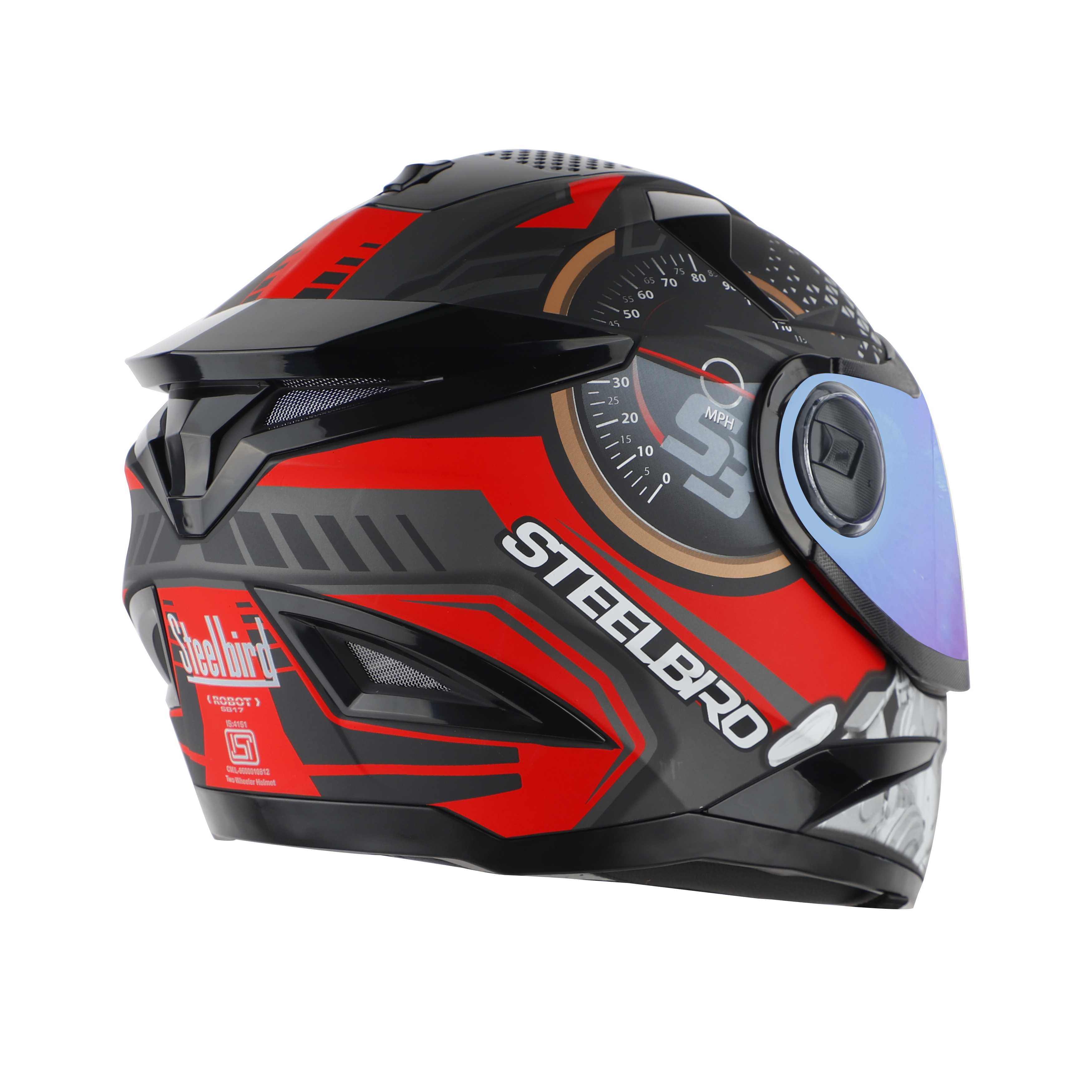 Steelbird SBH-17 Ignimeter Full Face ISI Certified Graphic Helmet (Matt Black Red With Chrome Rainbow Visor)