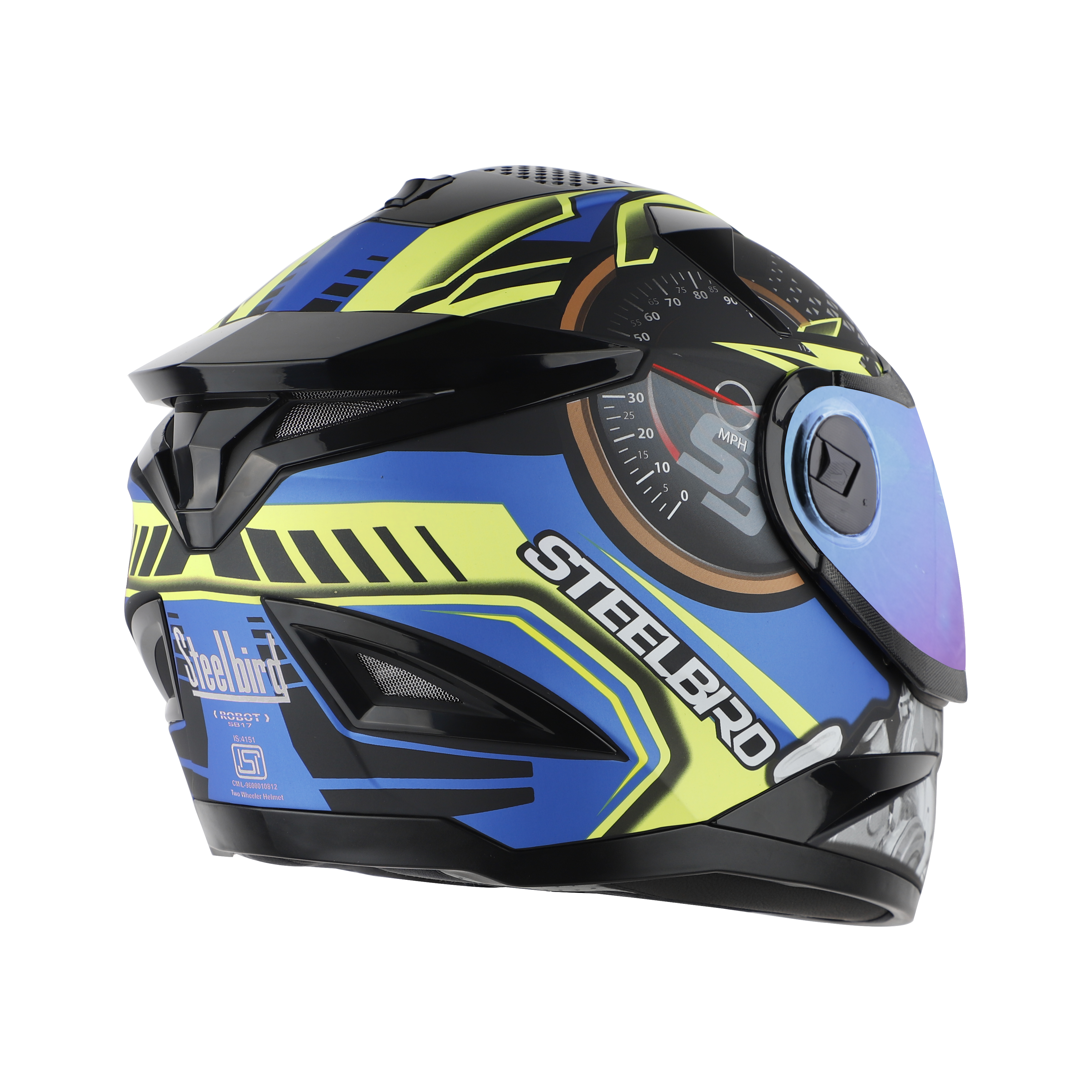 Steelbird SBH-17 Ignimeter Full Face ISI Certified Graphic Helmet (Matt Black Blue With Chrome Rainbow Visor)