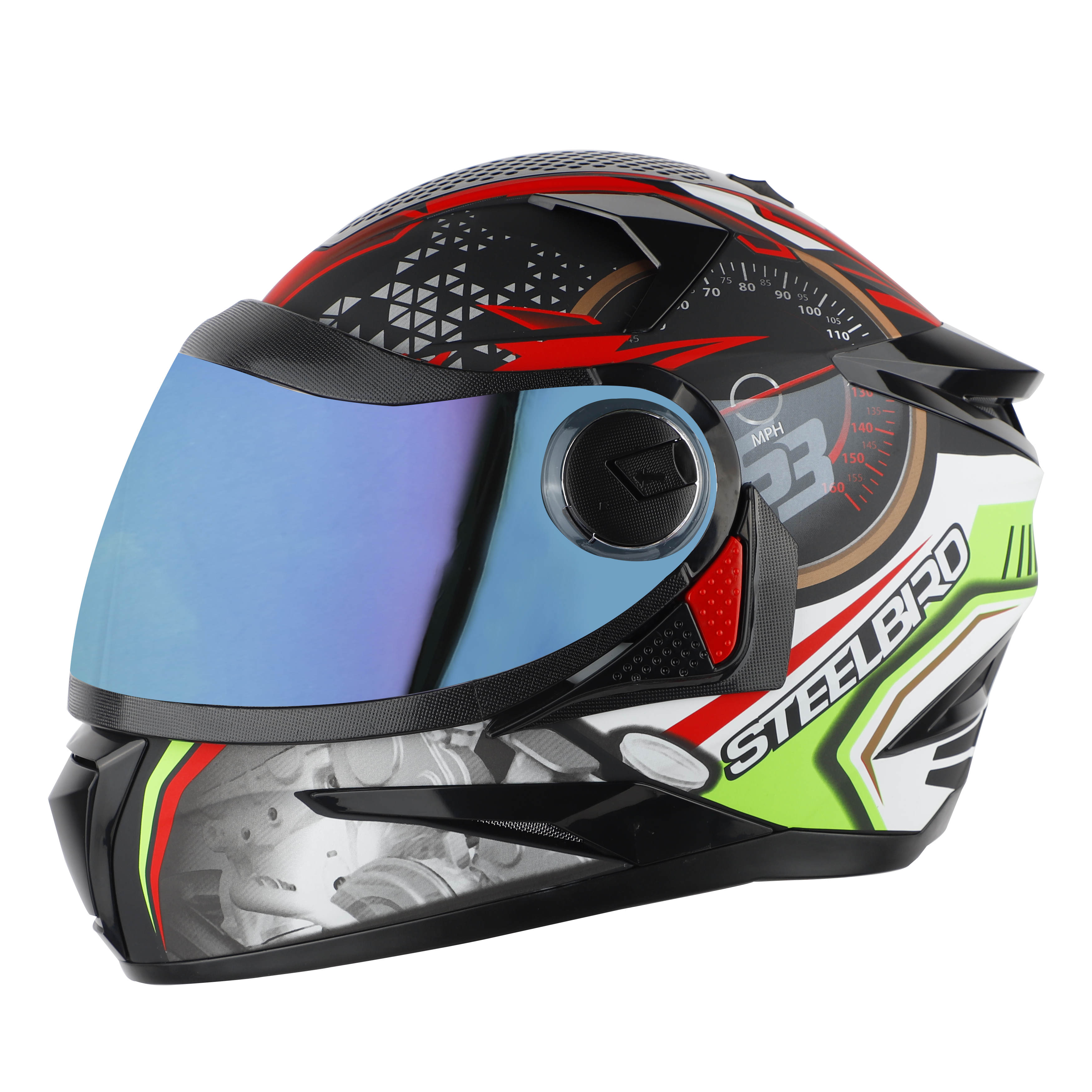 Steelbird SBH-17 Ignimeter Full Face ISI Certified Graphic Helmet (Glossy Black Green With Chrome Rainbow Visor)