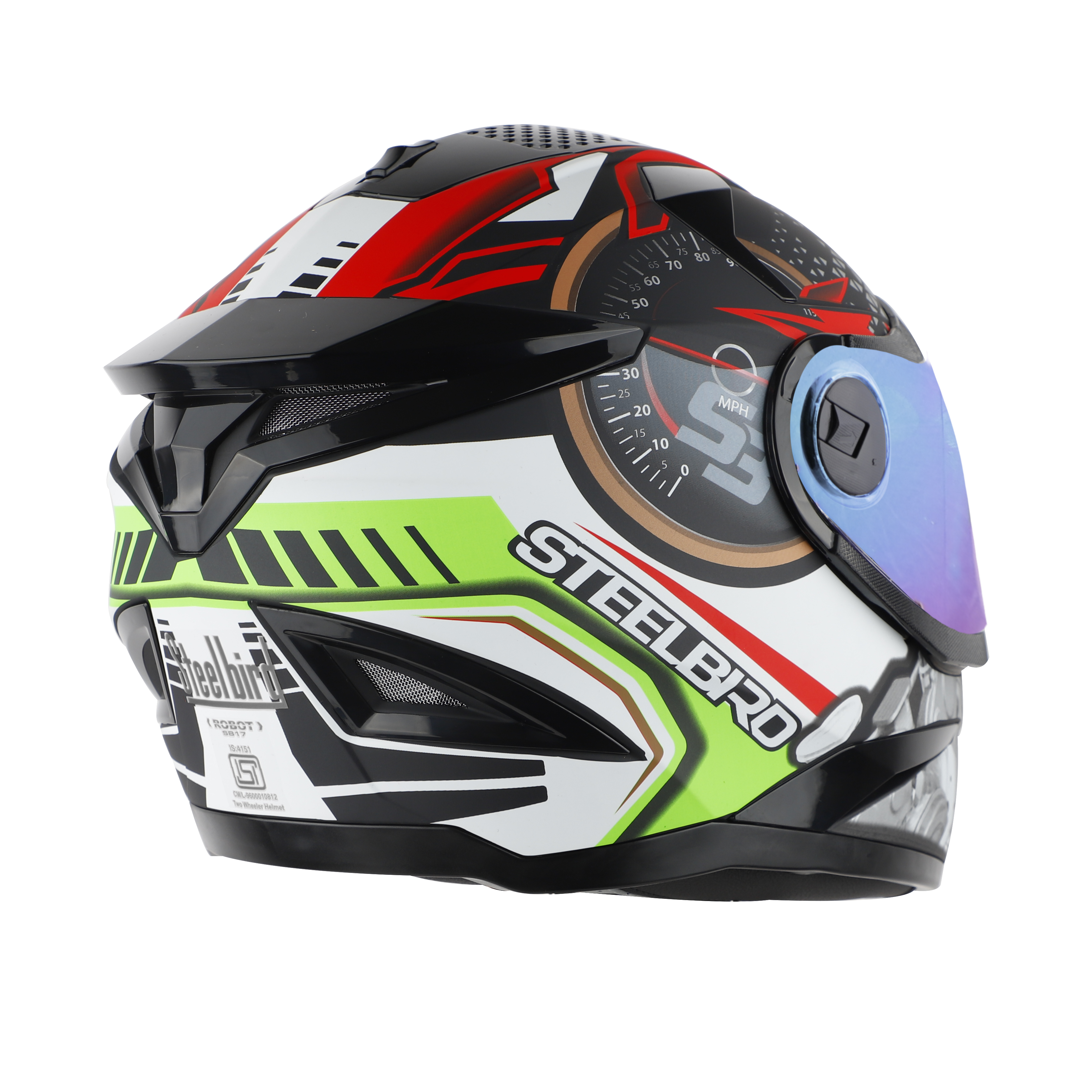 Steelbird SBH-17 Ignimeter Full Face ISI Certified Graphic Helmet (Glossy Black Green With Chrome Rainbow Visor)