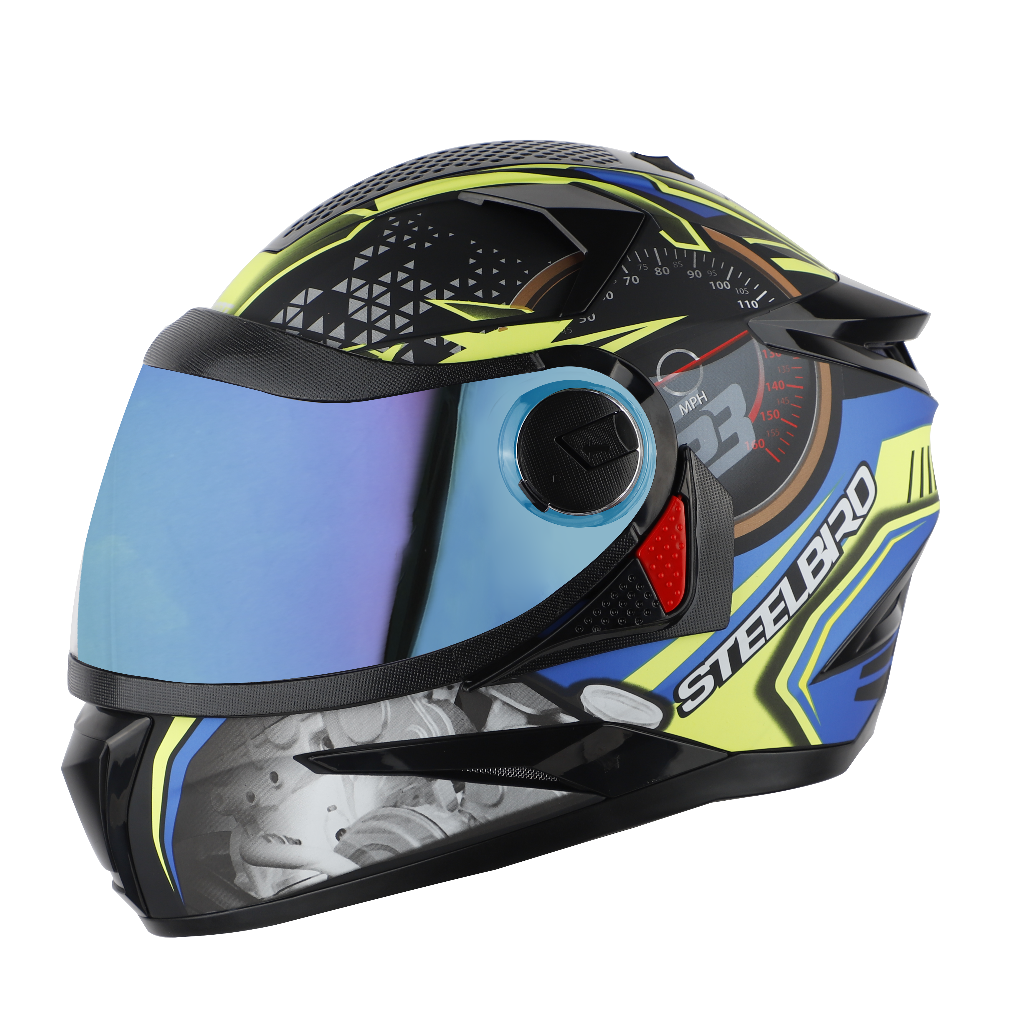 Steelbird SBH-17 Ignimeter Full Face ISI Certified Graphic Helmet (Glossy Black Blue With Chrome Blue Visor