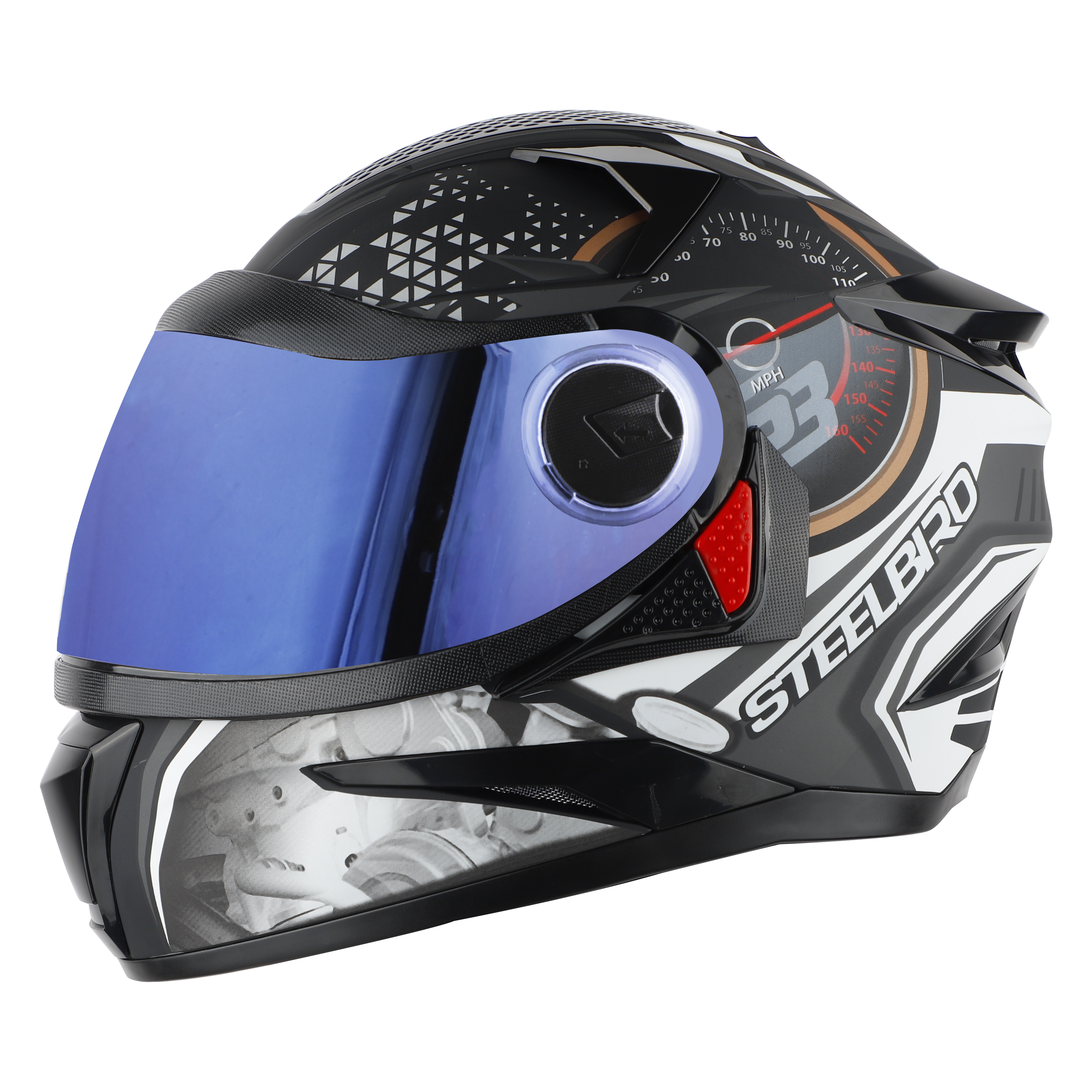 Steelbird SBH-17 Ignimeter Full Face ISI Certified Graphic Helmet (Glossy Black Grey With Chrome Blue Visor)