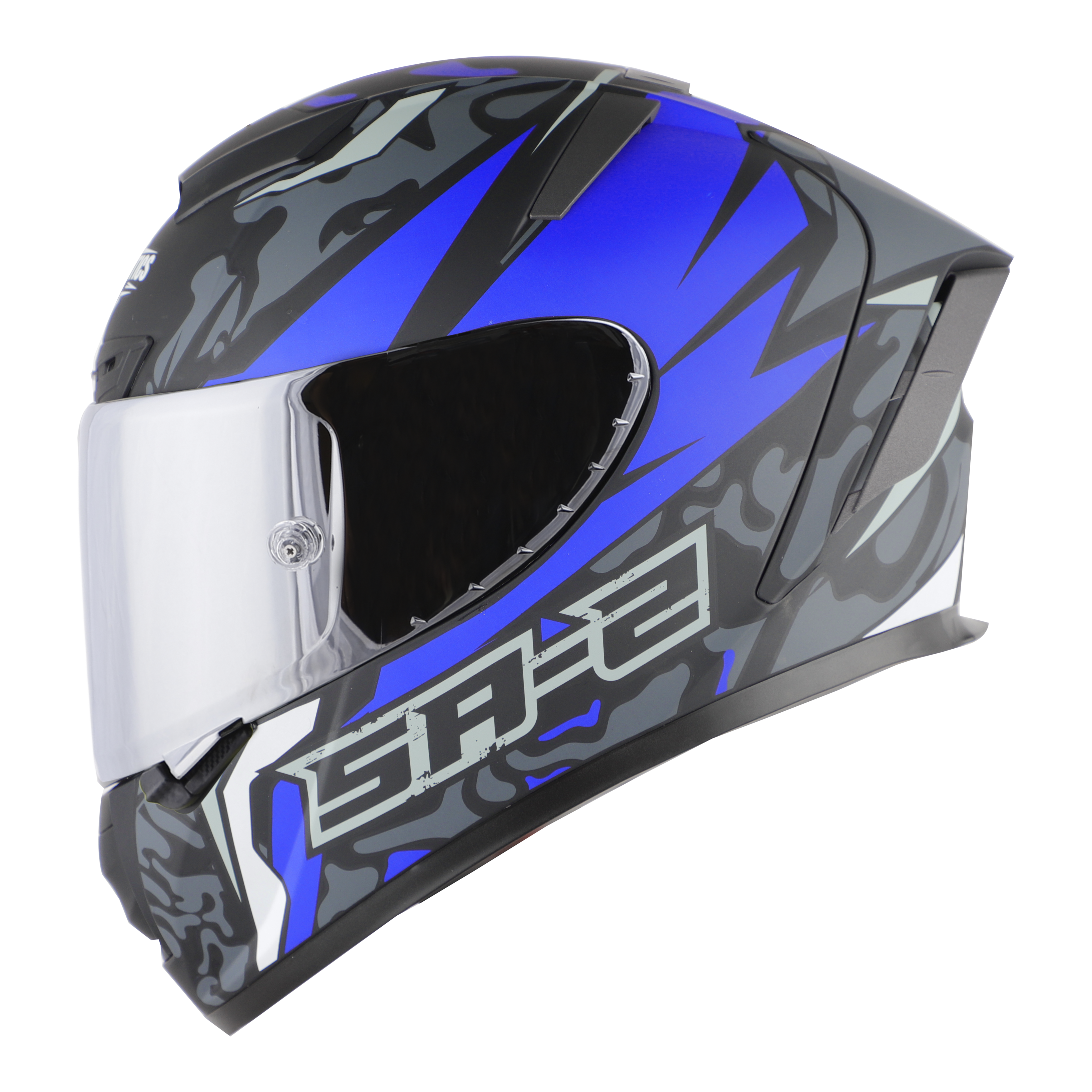 SA-2 TERMINATOR 3.0 MAT BLACK WITH BLUE FITTED WITH CLEAR VISOR EXTRA SILVER CHROME VISOR FREE (WITH ANTI-FOR SHIELD HOLDER)