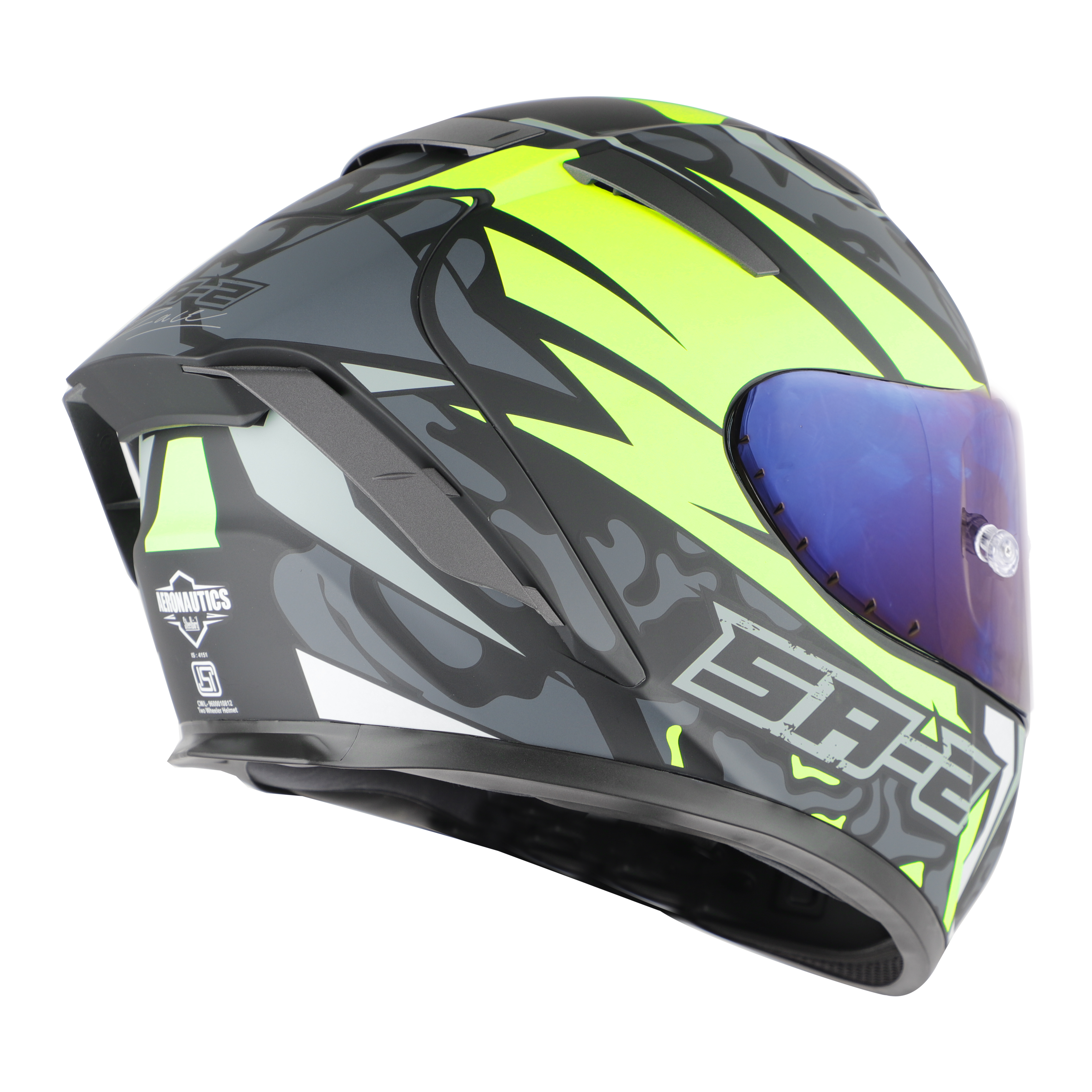 SA-2 TERMINATOR 3.0 MAT BLACK WITH NEON FITTED WITH CLEAR VISOR EXTRA BLUE CHROME VISOR FREE (WITH ANTI-FOR SHIELD HOLDER)