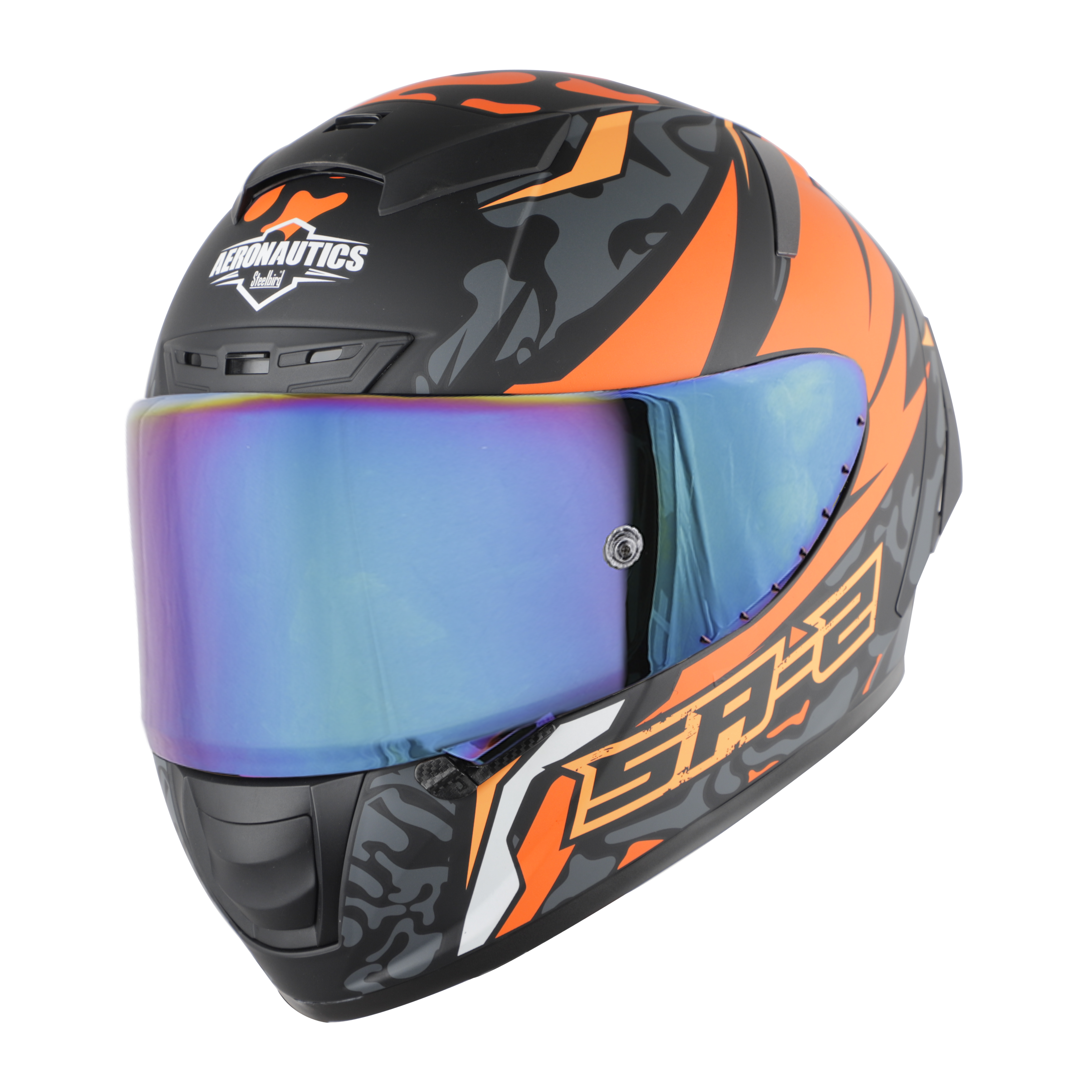 SA-2 TERMINATOR 3.0 MAT BLACK WITH ORANGE FITTED WITH CLEAR VISOR EXTRA RAINBOW CHROME VISOR FREE (WITH ANTI-FOR SHIELD HOLDER)