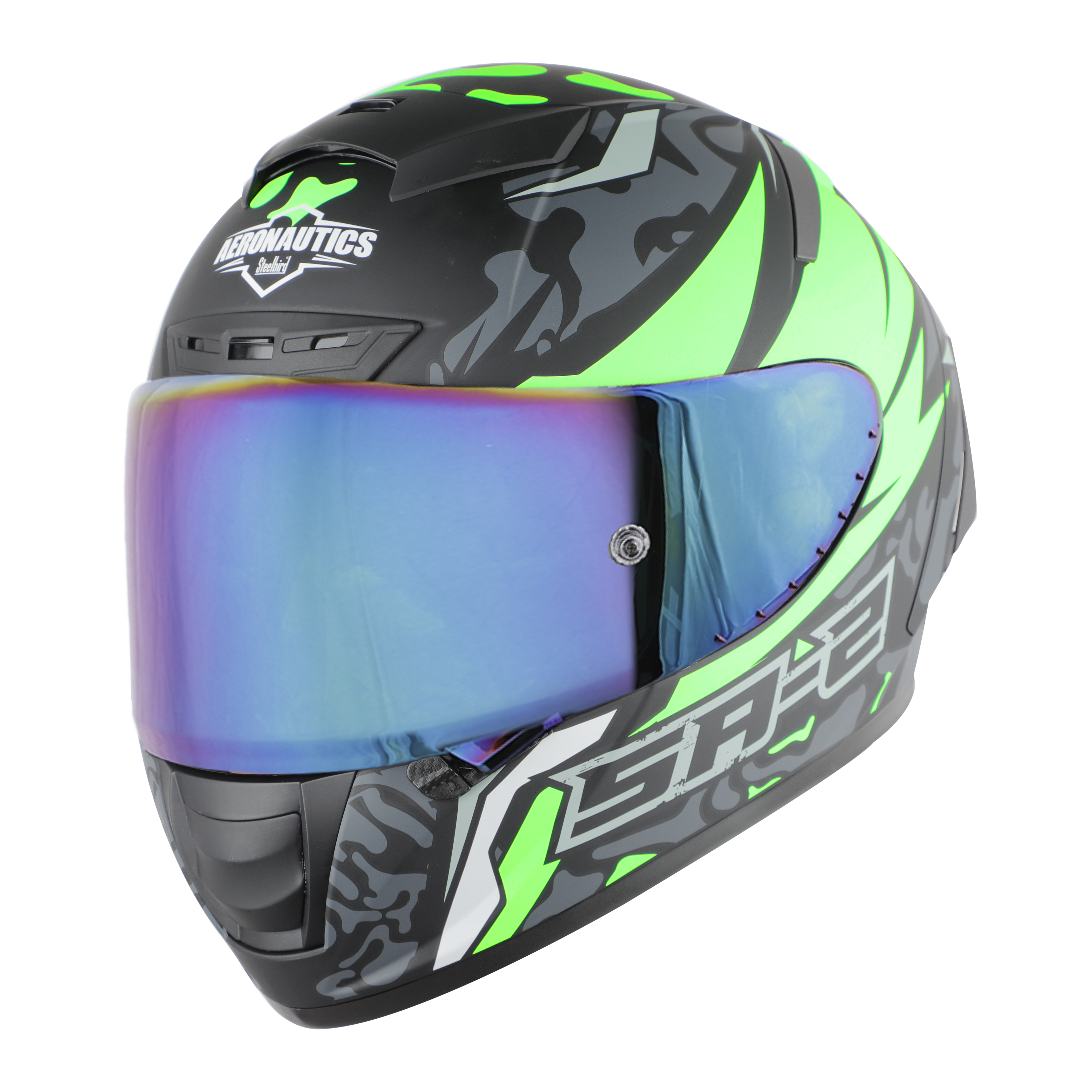 SA-2 TERMINATOR 3.0 MAT BLACK WITH GREEN FITTED WITH CLEAR VISOR EXTRA RAINBOW CHROME VISOR FREE (WITH ANTI-FOR SHIELD HOLDER)