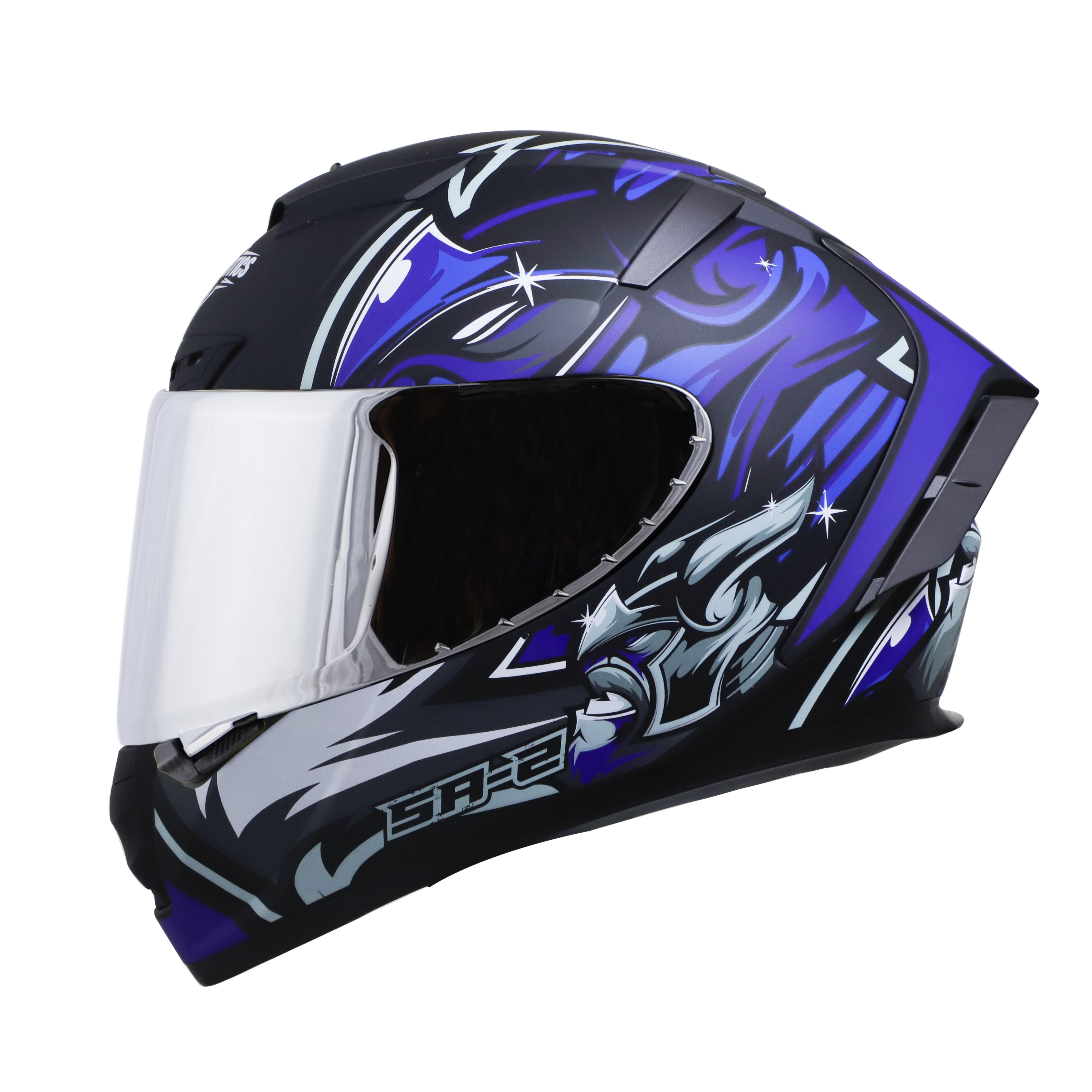 SA-2 VILLAIN MAT BLACK WITH BLUE (FITTED WITH CLEAR VISOR EXTRA CHROME SILVER VISOR FREE)