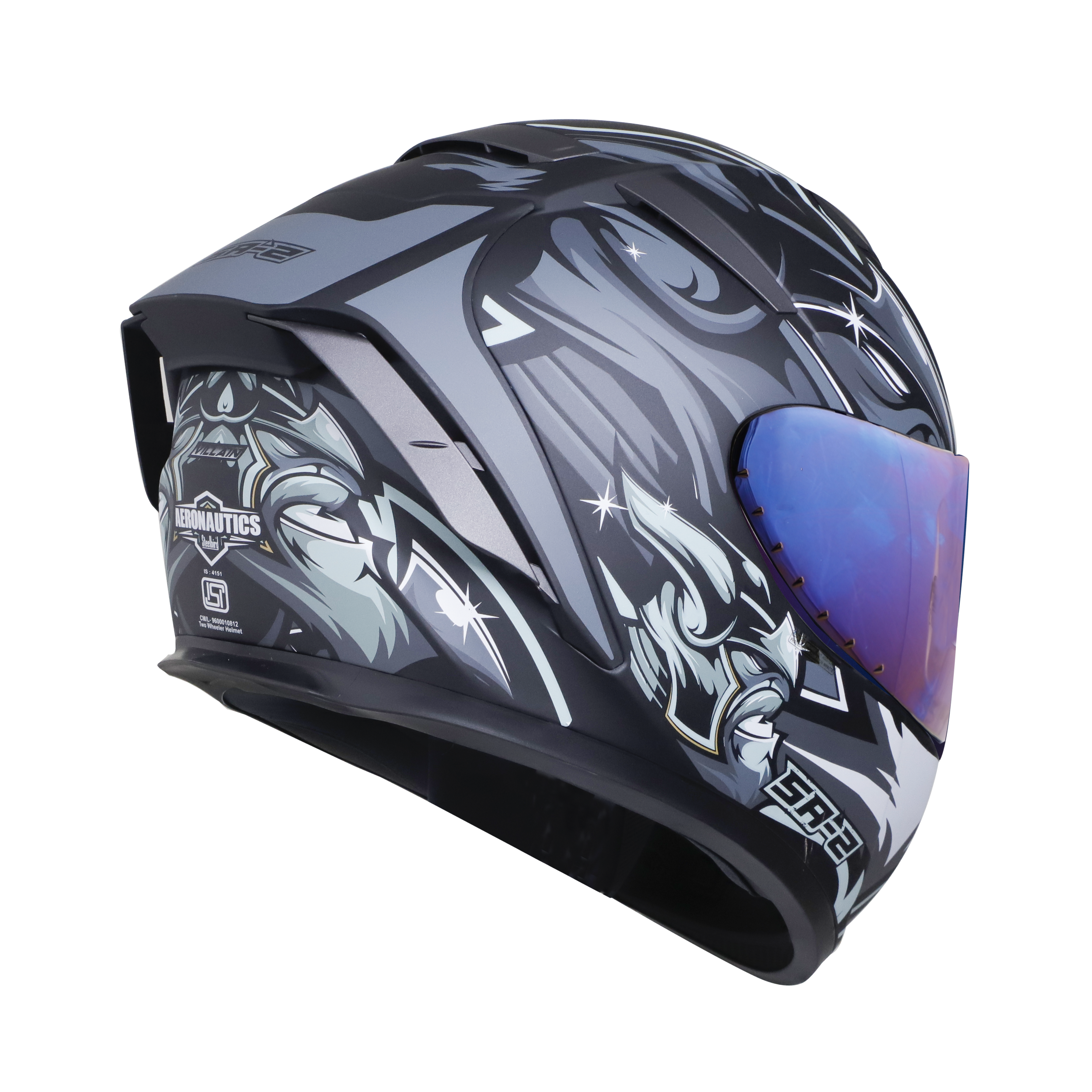 SA-2 VILLAIN MAT BLACK WITH GREY (FITTED WITH CLEAR VISOR EXTRA CHROME BLUE VISOR FREE)