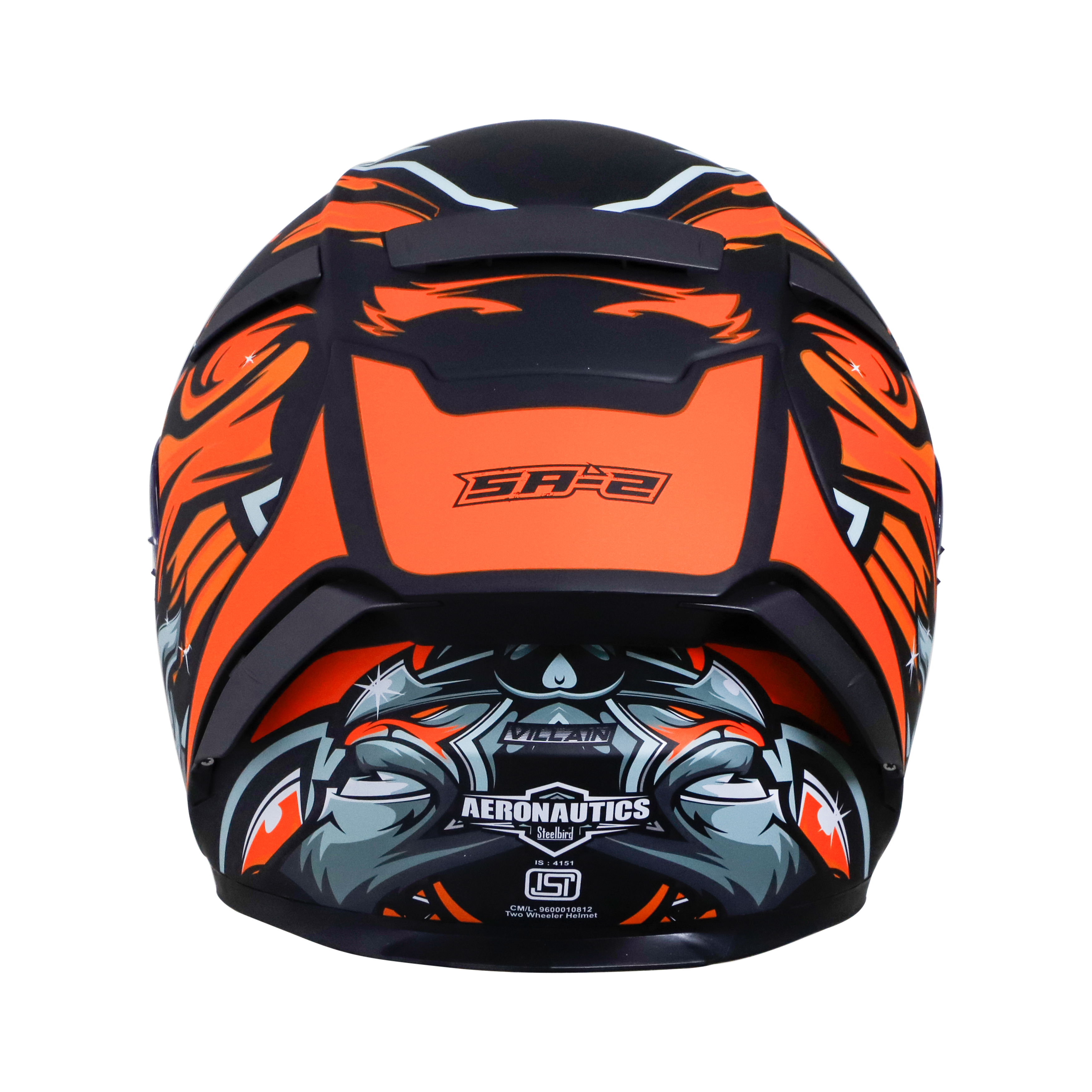 SA-2 VILLAIN MAT BLACK WITH ORANGE (FITTED WITH CLEAR VISOR EXTRA CHROME GOLD VISOR FREE)