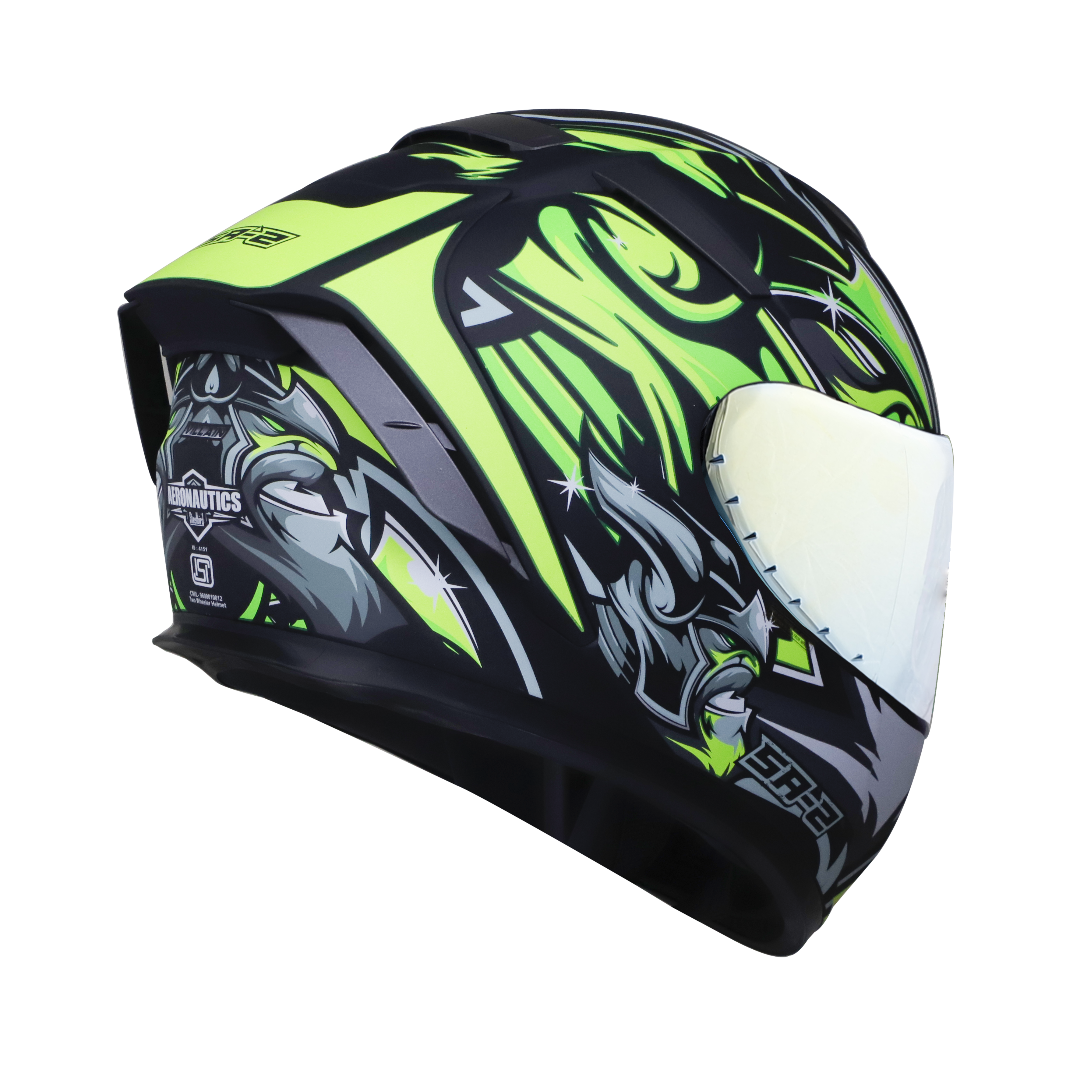 SA-2 VILLAIN MAT BLACK WITH NEON (FITTED WITH CLEAR VISOR EXTRA CHROME GOLD VISOR FREE)