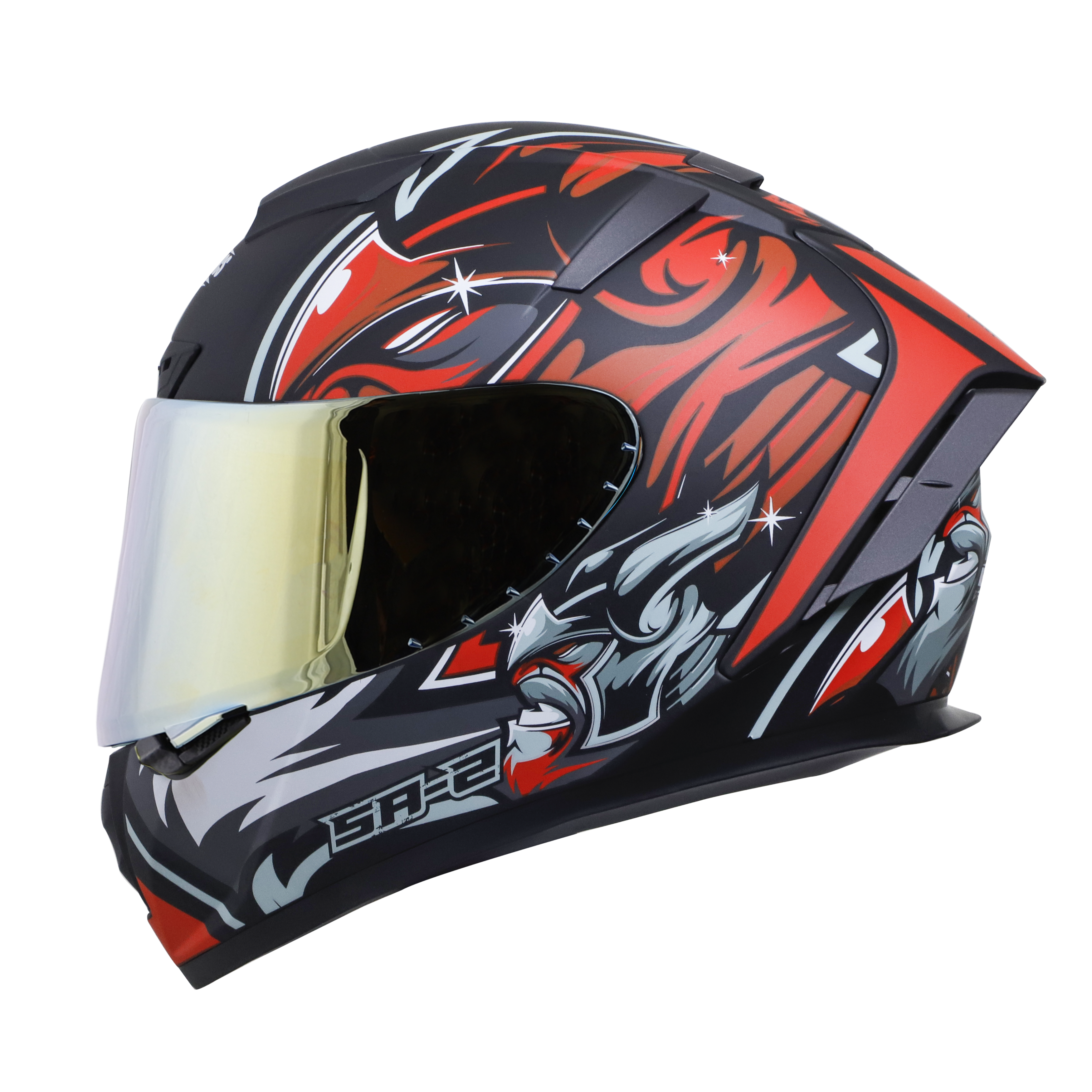 SA-2 VILLAIN MAT BLACK WITH RED (FITTED WITH CLEAR VISOR EXTRA CHROME GOLD VISOR FREE)