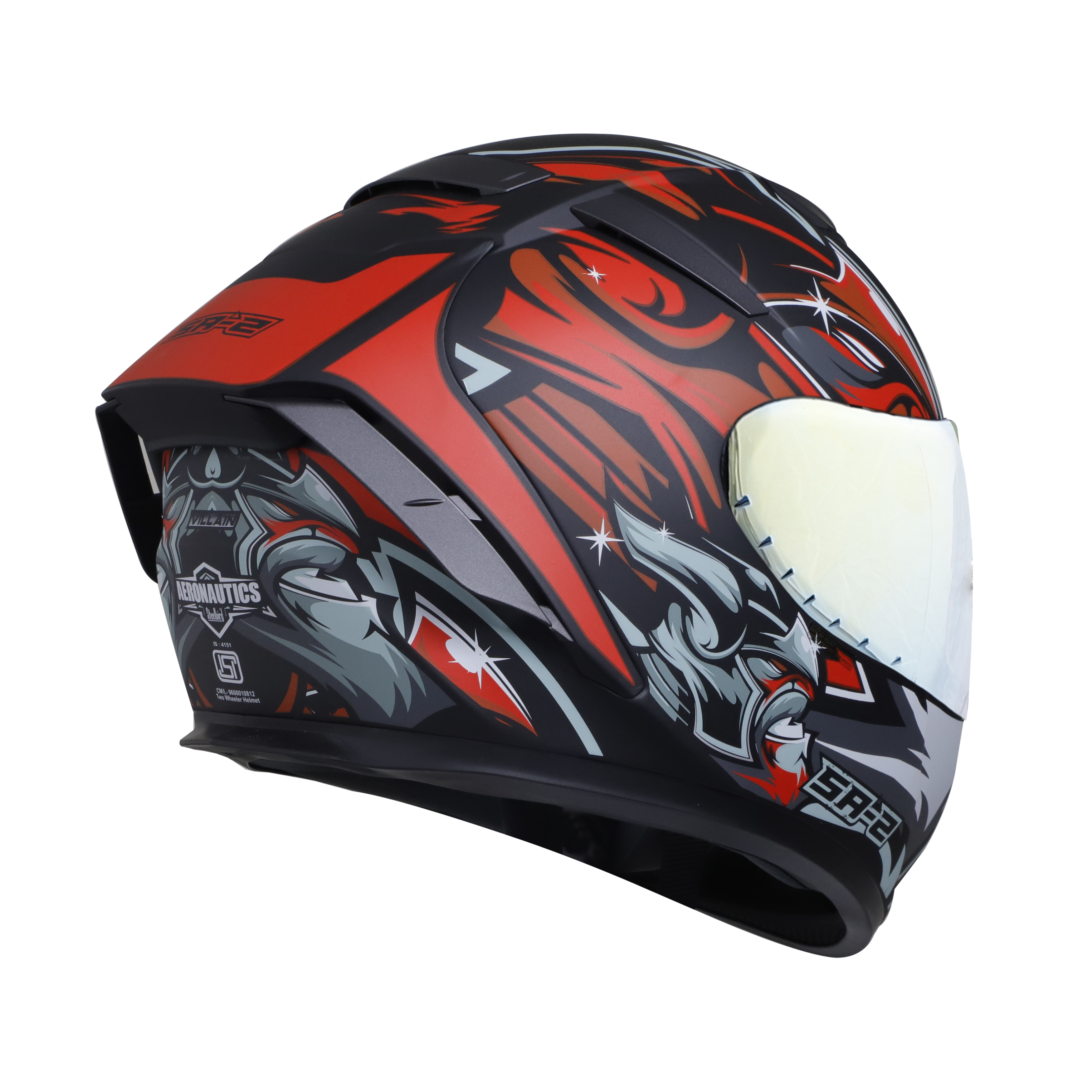 SA-2 VILLAIN MAT BLACK WITH RED (FITTED WITH CLEAR VISOR EXTRA CHROME GOLD VISOR FREE)
