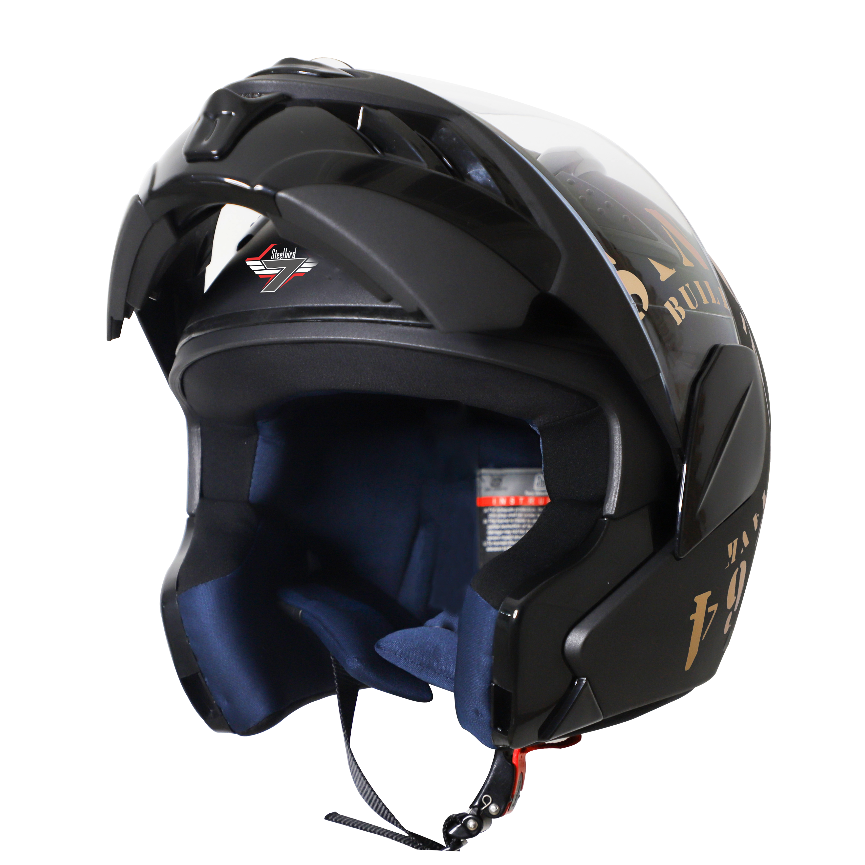 Steelbird SB-34 7Wings Tank Flip Up Graphics Helmet (Matt Black Gold with Clear Visor)