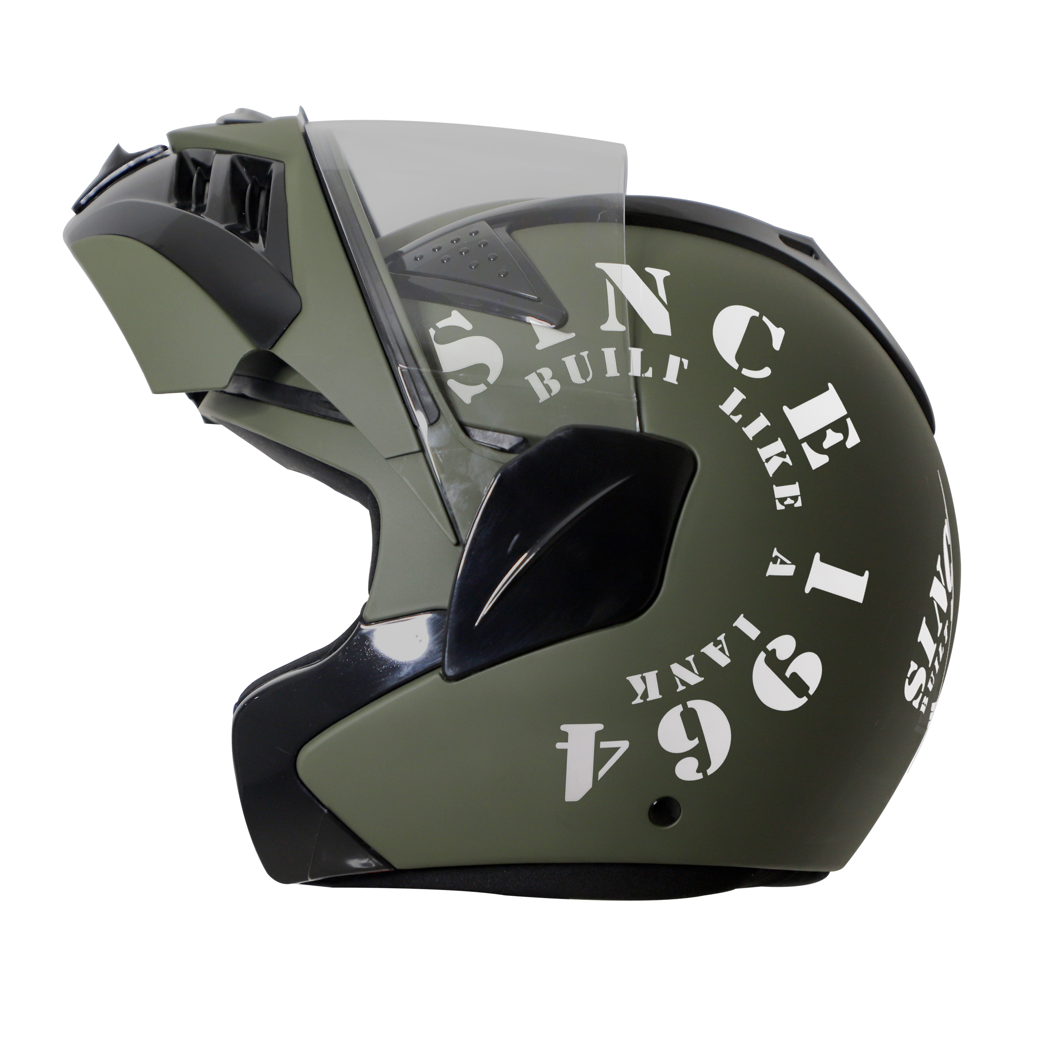 Steelbird SB-34 7Wings Tank Flip Up Graphics Helmet (Matt Battle Green White With Clear Visor)
