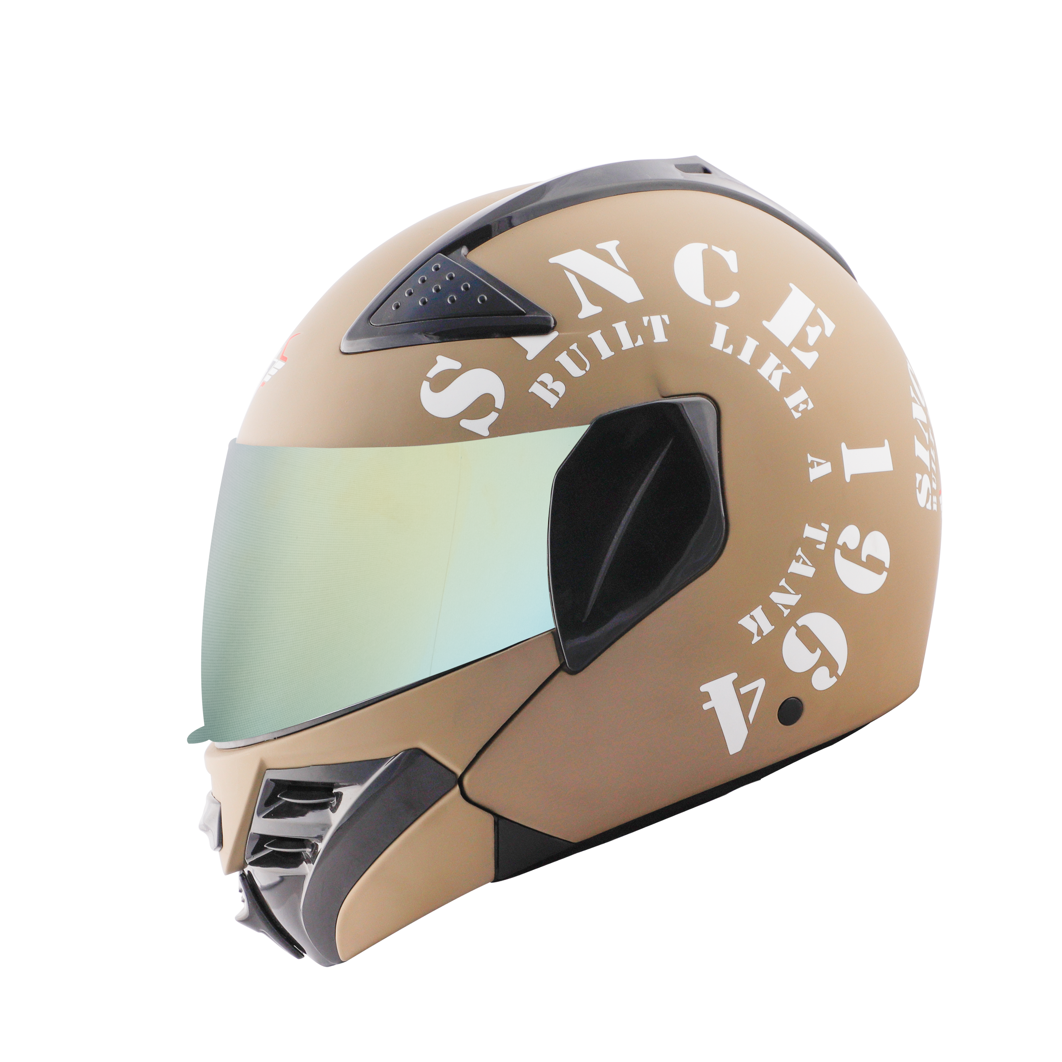 Steelbird SB-34 7Wings Tank Flip Up Graphics Helmet (Matt Desert Storm White With Chrome Gold Visor)