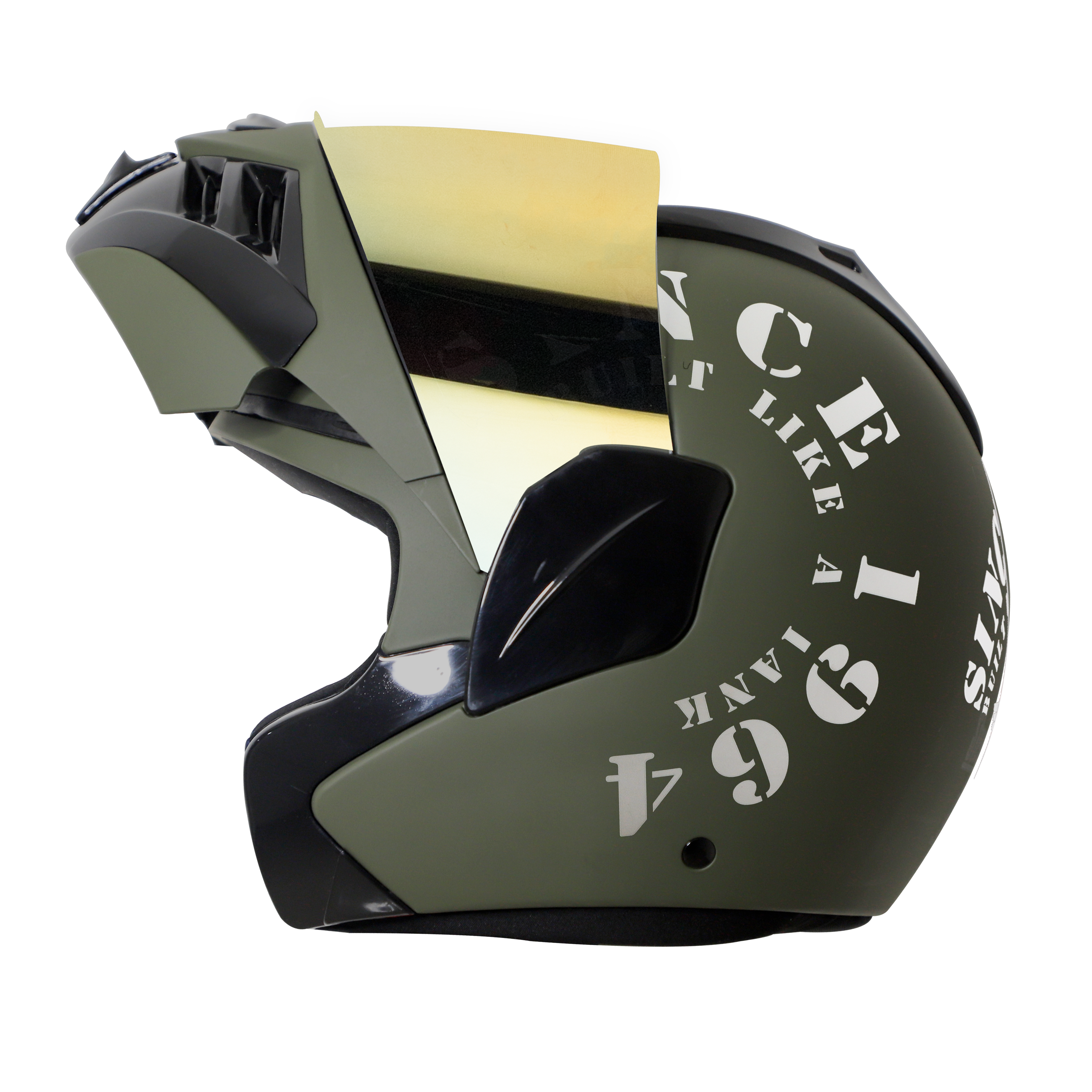 Steelbird SB-34 7Wings Tank Flip Up Graphics Helmet (Matt Battle Green White With Chrome Gold Visor)