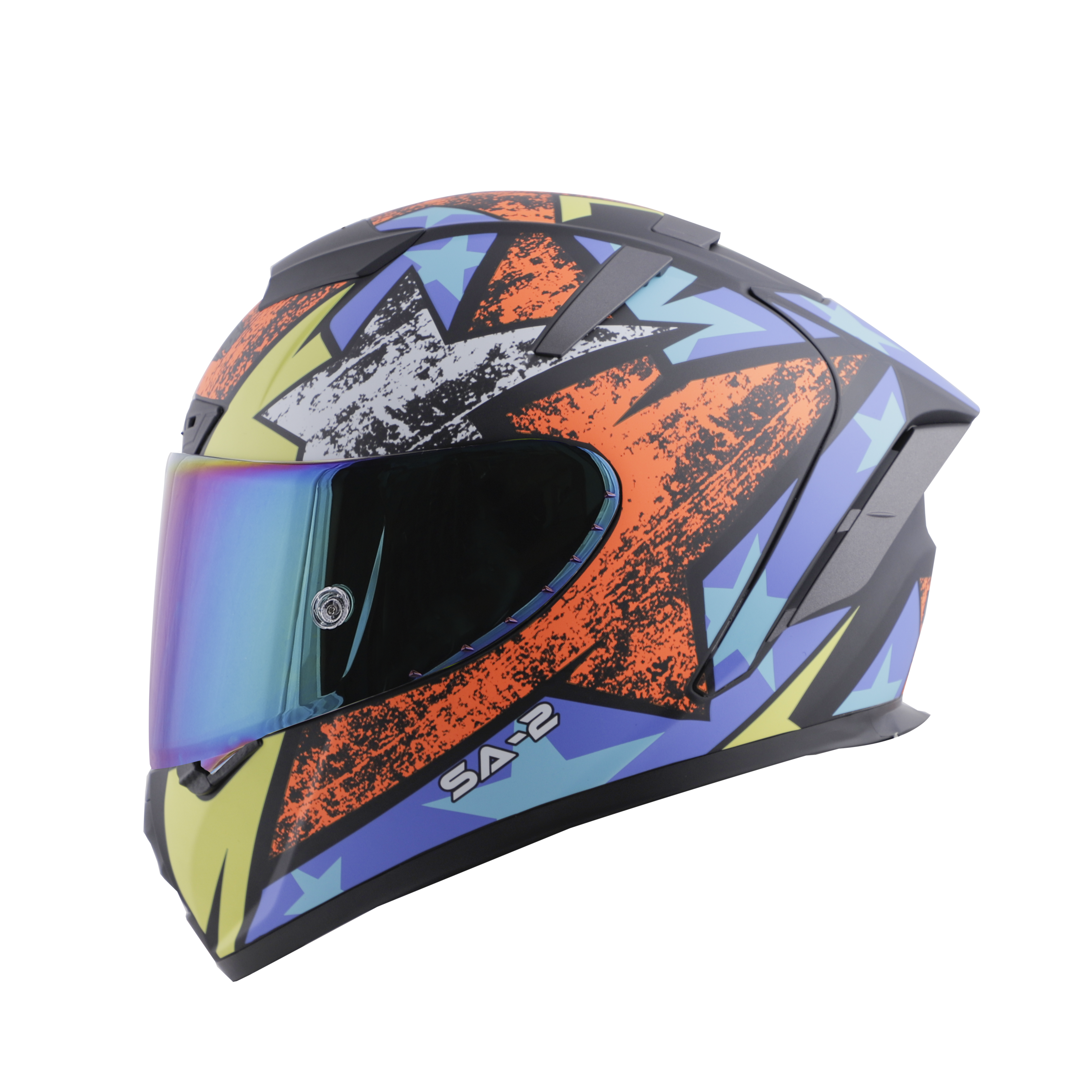 SA-2 STAR MAT BLACK WITH ORANGE FITTED WITH CLEAR VISOR EXTRA CHROME RAINBOW VISOR FREE (WITH ANTI-FOG SHIELD HOLDER)