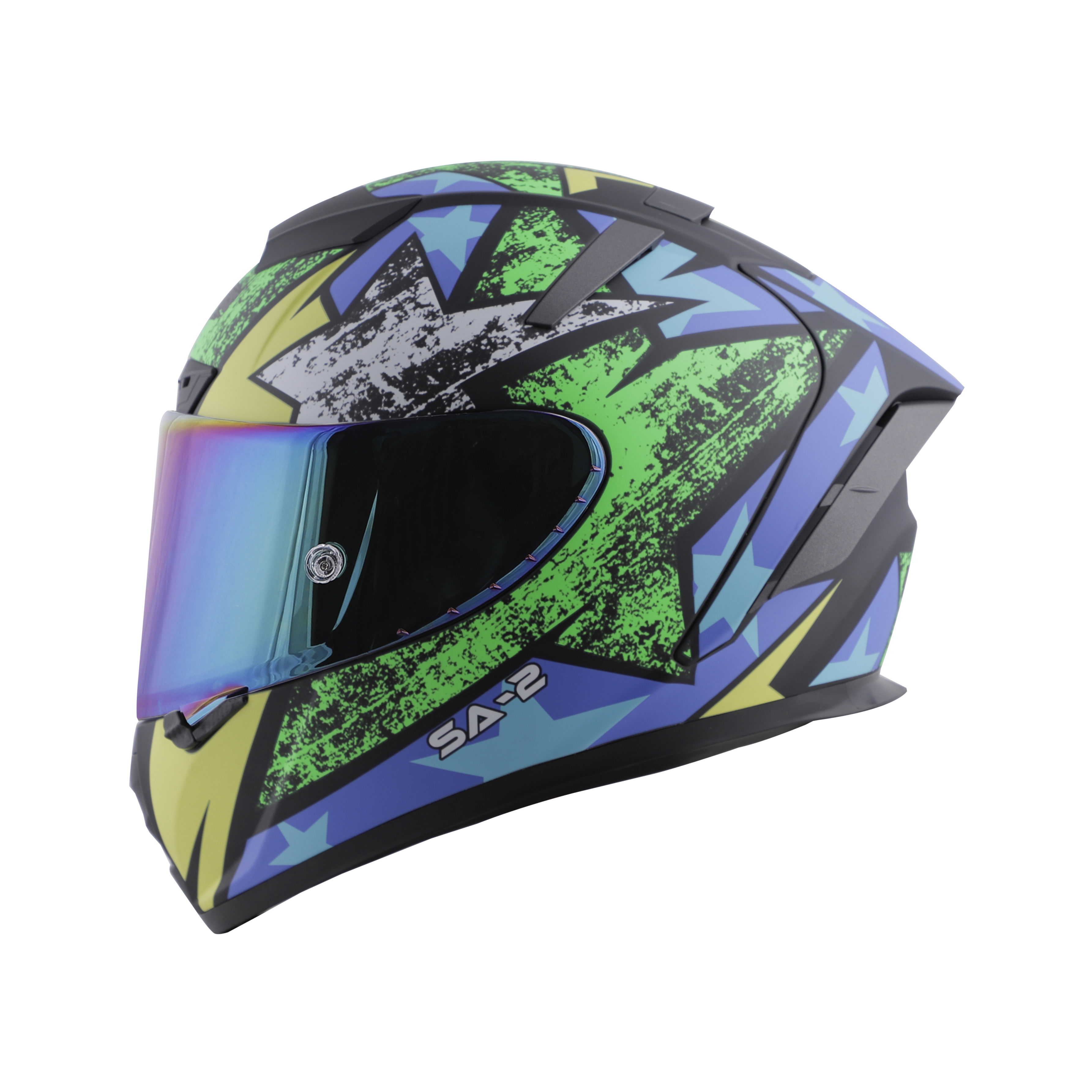 SA-2 STAR MAT BLACK WITH GREEN FITTED WITH CLEAR VISOR EXTRA  CHROME RAINBOW VISOR FREE (WITH ANTI-FOG SHIELD HOLDER)