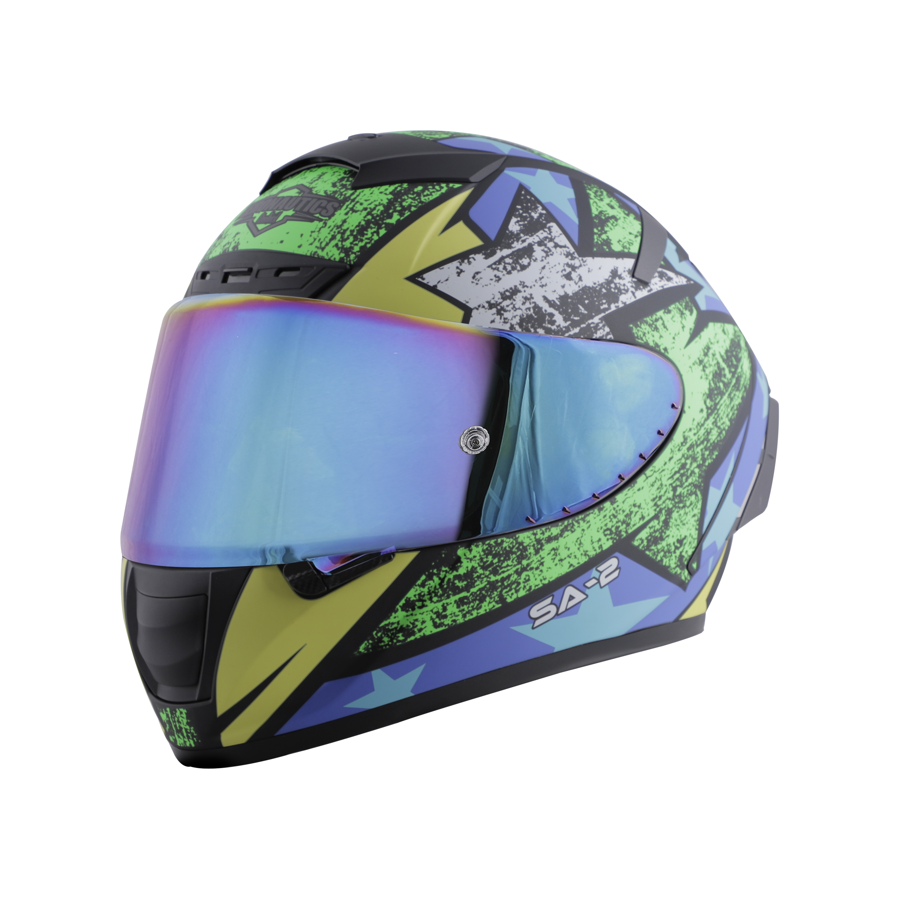 SA-2 STAR GLOSSY BLACK WITH GREEN FITTED WITH CLEAR VISOR EXTRA CHROME RAINBOW VISOR FREE (WITH ANTI-FOG SHIELD HOLDER)