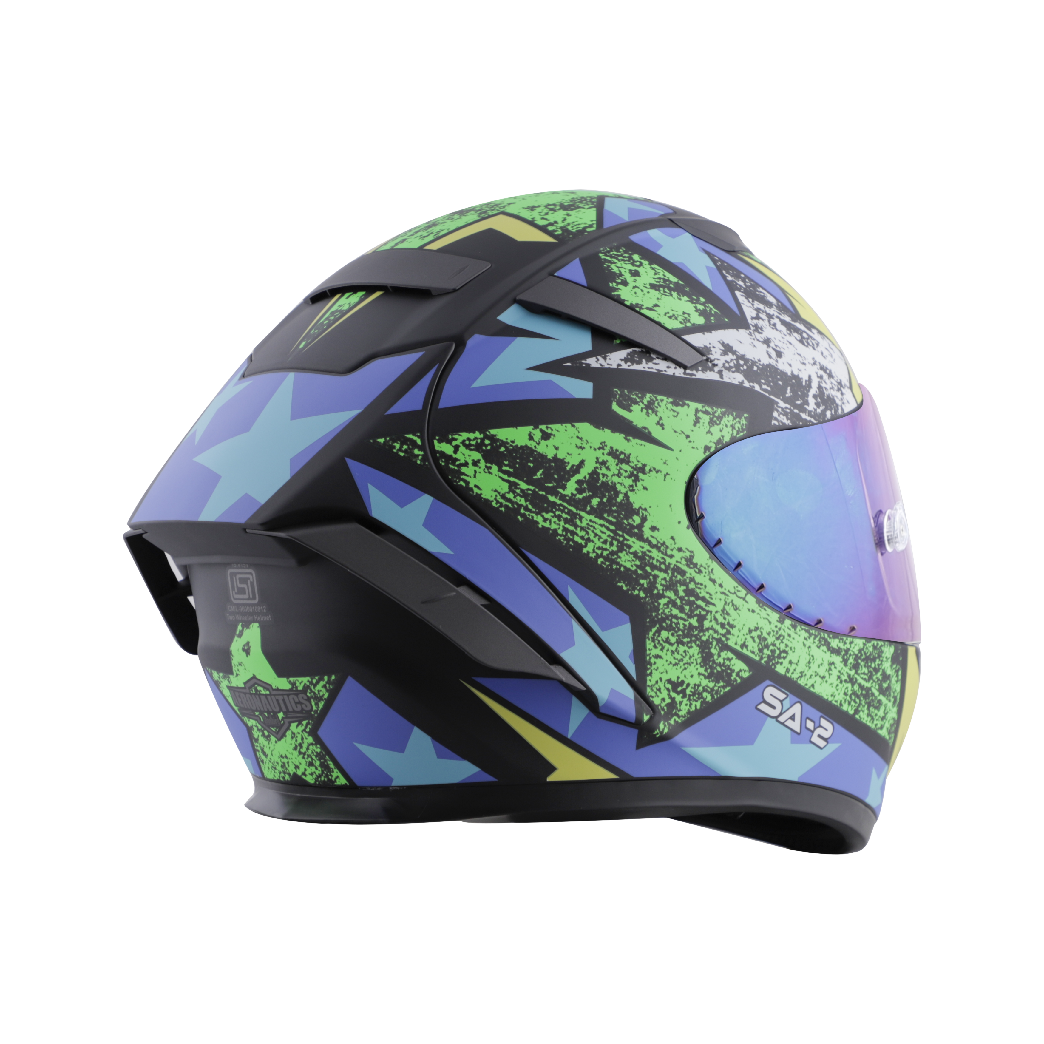 SA-2 STAR GLOSSY BLACK WITH GREEN FITTED WITH CLEAR VISOR EXTRA CHROME RAINBOW VISOR FREE (WITH ANTI-FOG SHIELD HOLDER)