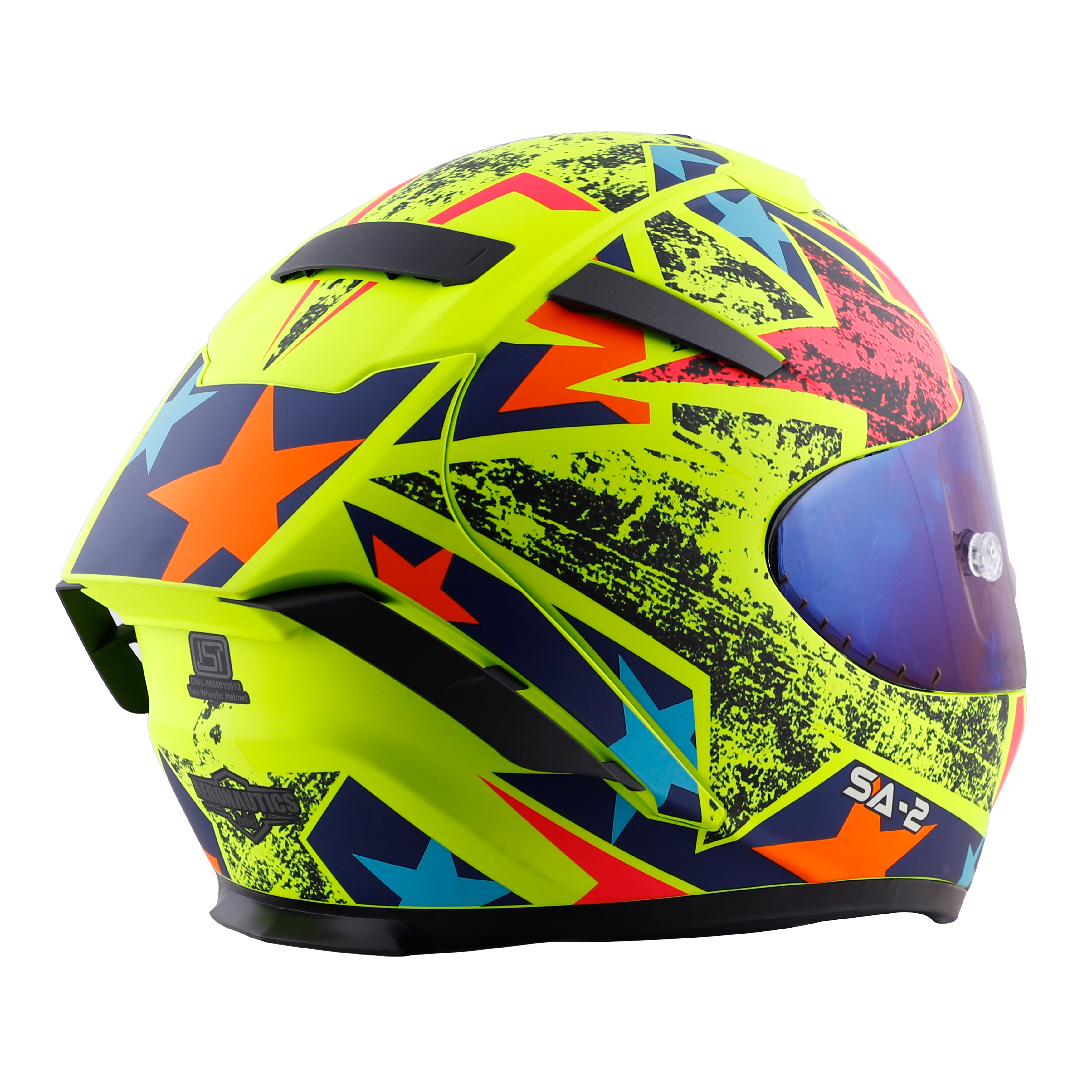 SA-2 STAR GLOSSY FLUO NEON WITH NEON FITTED WITH CLEAR VISOR EXTRA CHROME BLUE VISOR FREE (WITH ANTI-FOG SHIELD HOLDER)