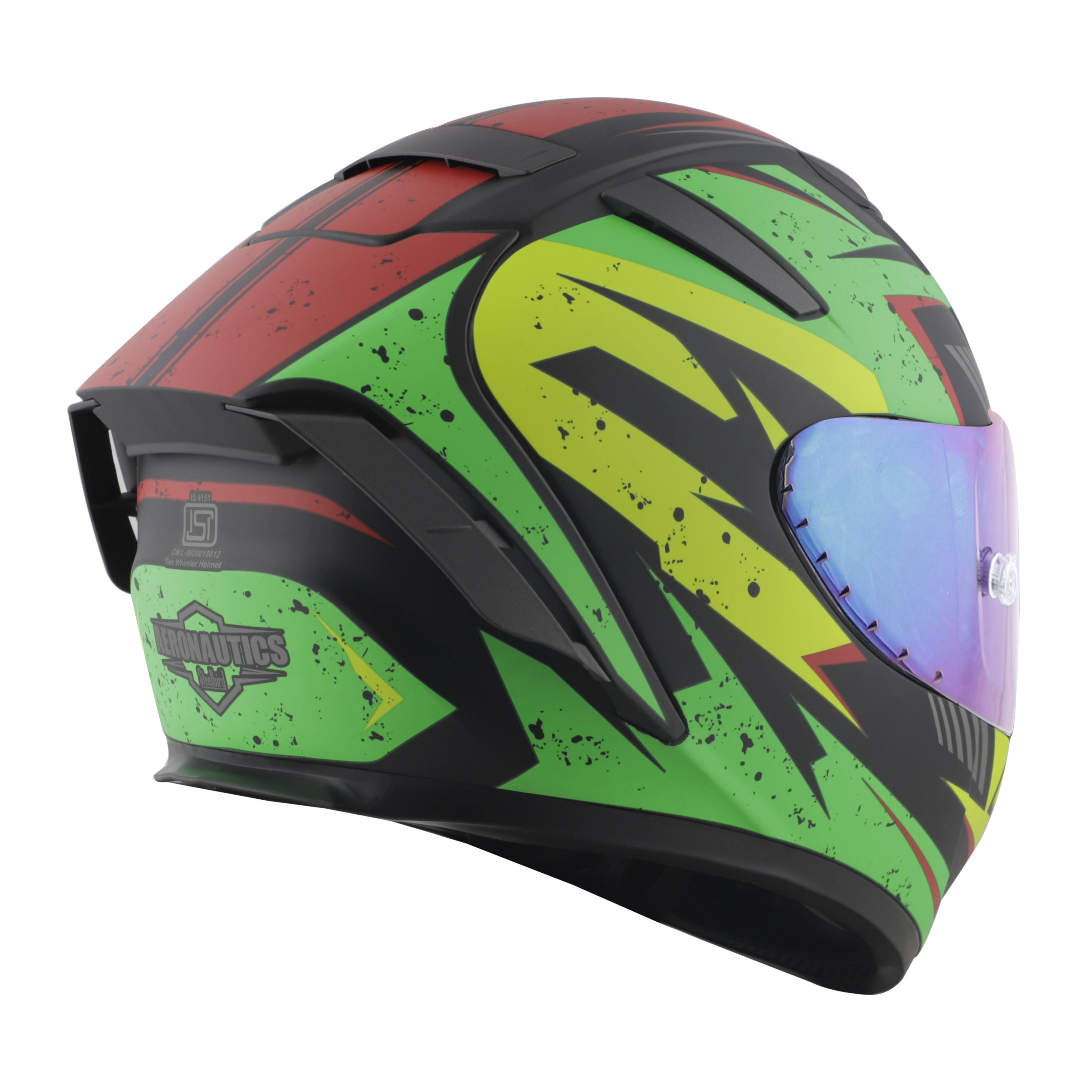 SA-2 BREEZER GLOSSY BLACK WITH GREEN FITTED WITH CLEAR VISOR EXTRA CHROME RAINBOW FREE (WITH ANTI-FOG SHIELD HOLDER)