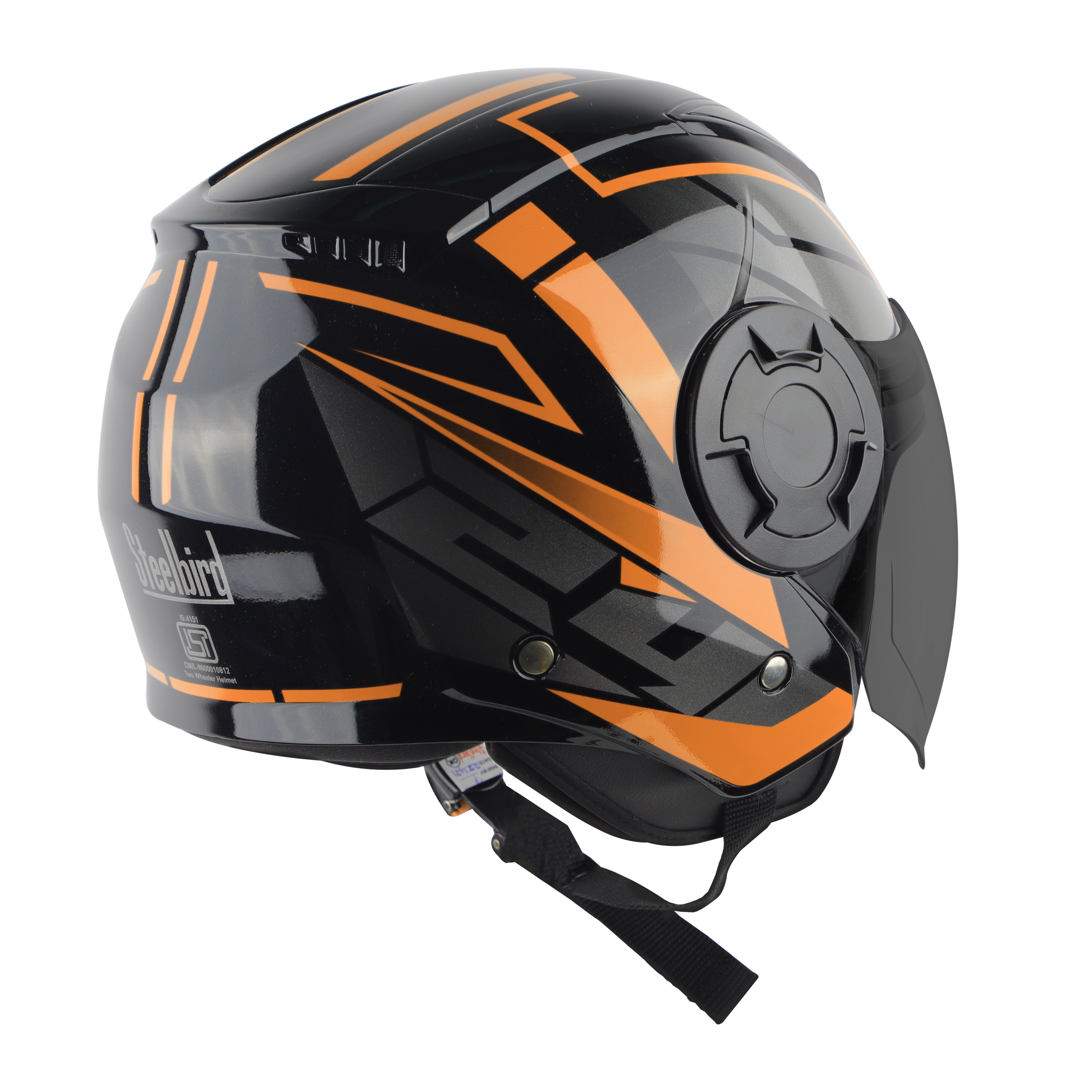 Steelbird SBH-31 Baron ISI Certified Open Face Helmet For Men And Women (Glossy Black Orange With Smoke Visor)