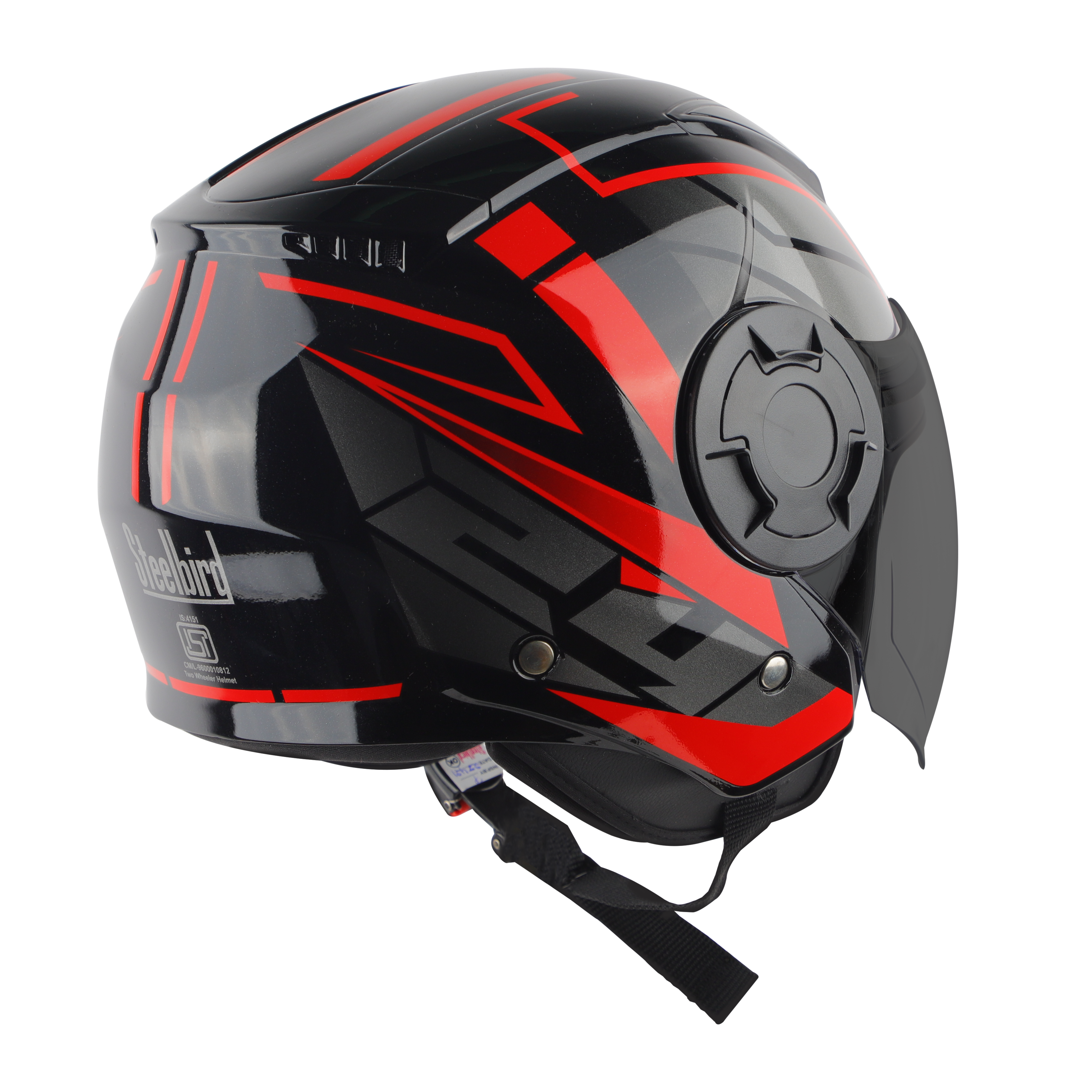 Steelbird SBH-31 Baron ISI Certified Open Face Helmet For Men And Women (Glossy Black Red With Smoke Visor)