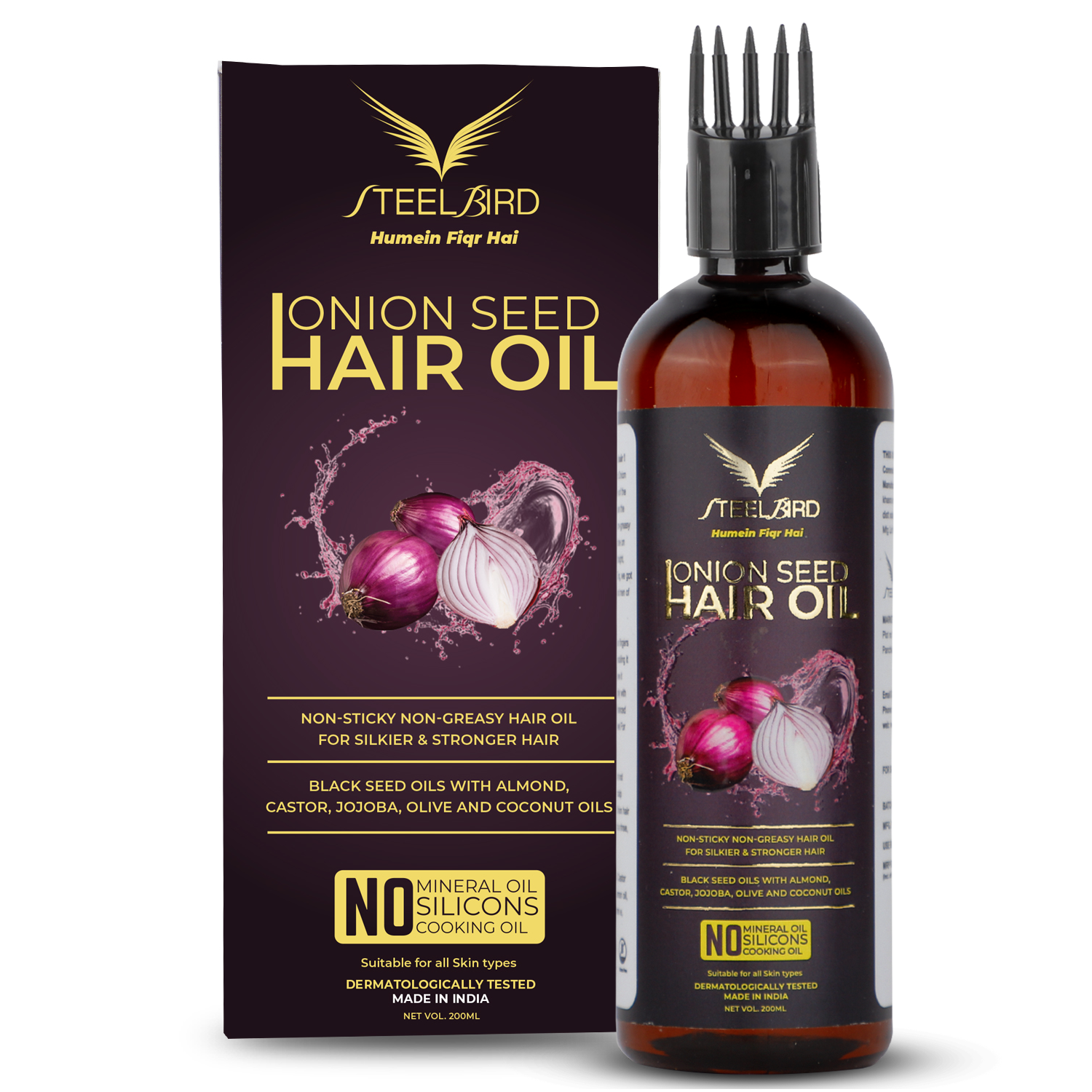 Steelbird Hair Care Onion Oil - Black Seed Onion Hair Oil - Controls Hair Fall - No Mineral Oil, Silicones & Synthetic Fragrance - 200ml