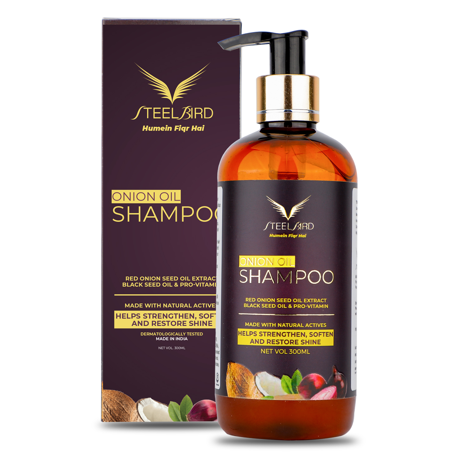 Steelbird Hair Care Onion Shampoo With Red Onion Seed Oil Extract, Black Seed Oil & Pro-Vitamin B5 - No Parabens, Sulphates, Silicones, Color & Peg - 300ml