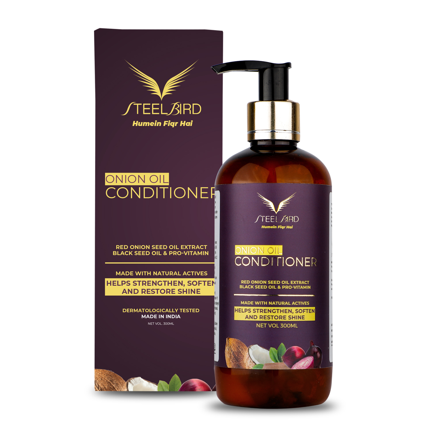 Steelbird Hair Care Onion Conditioner With Red Onion Seed Oil Extract, Black Seed Oil & Pro-Vitamin B5 - No Parabens, Mineral Oil, Silicones, Color & Peg - 300 Ml