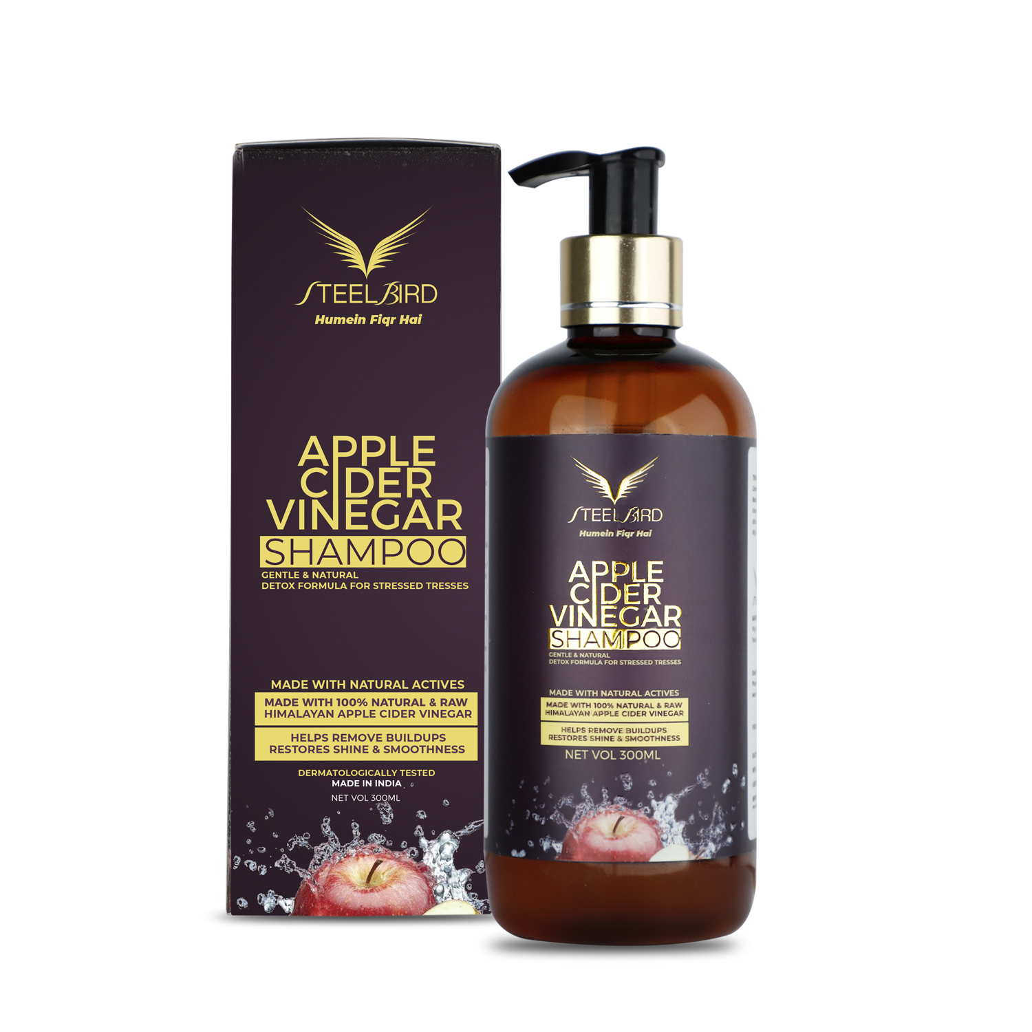 Steelbird Hair Care Apple Cider Vinegar Shampoo - No Parabens, Sulphates, Silicones, Color & Peg ; (ACV SHAMPOO 300ml) : DERMATOLOGICALLY TESTED