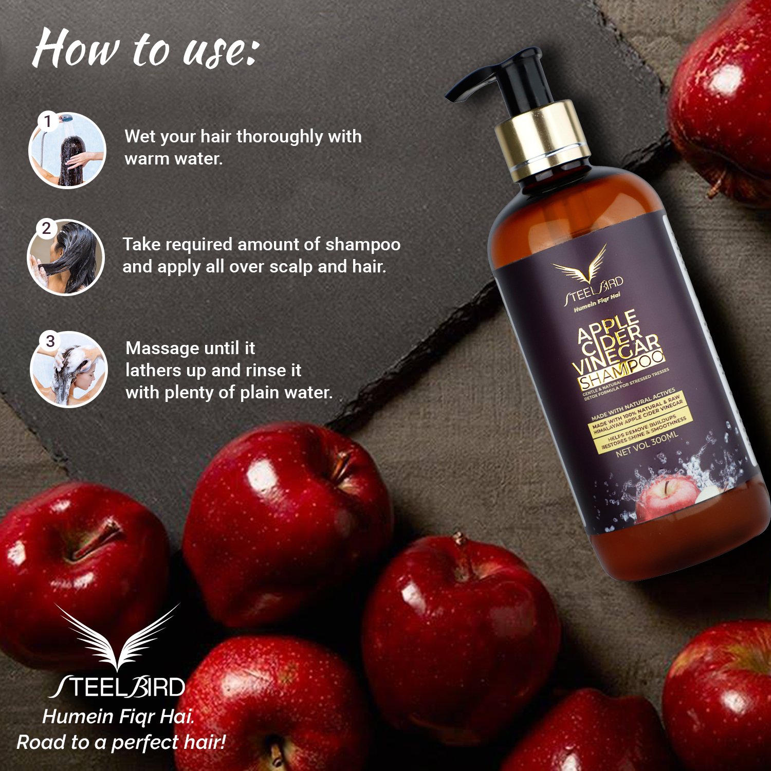 Steelbird Hair Care Apple Cider Vinegar Shampoo - No Parabens, Sulphates, Silicones, Color & Peg ; (ACV SHAMPOO 300ml) : DERMATOLOGICALLY TESTED
