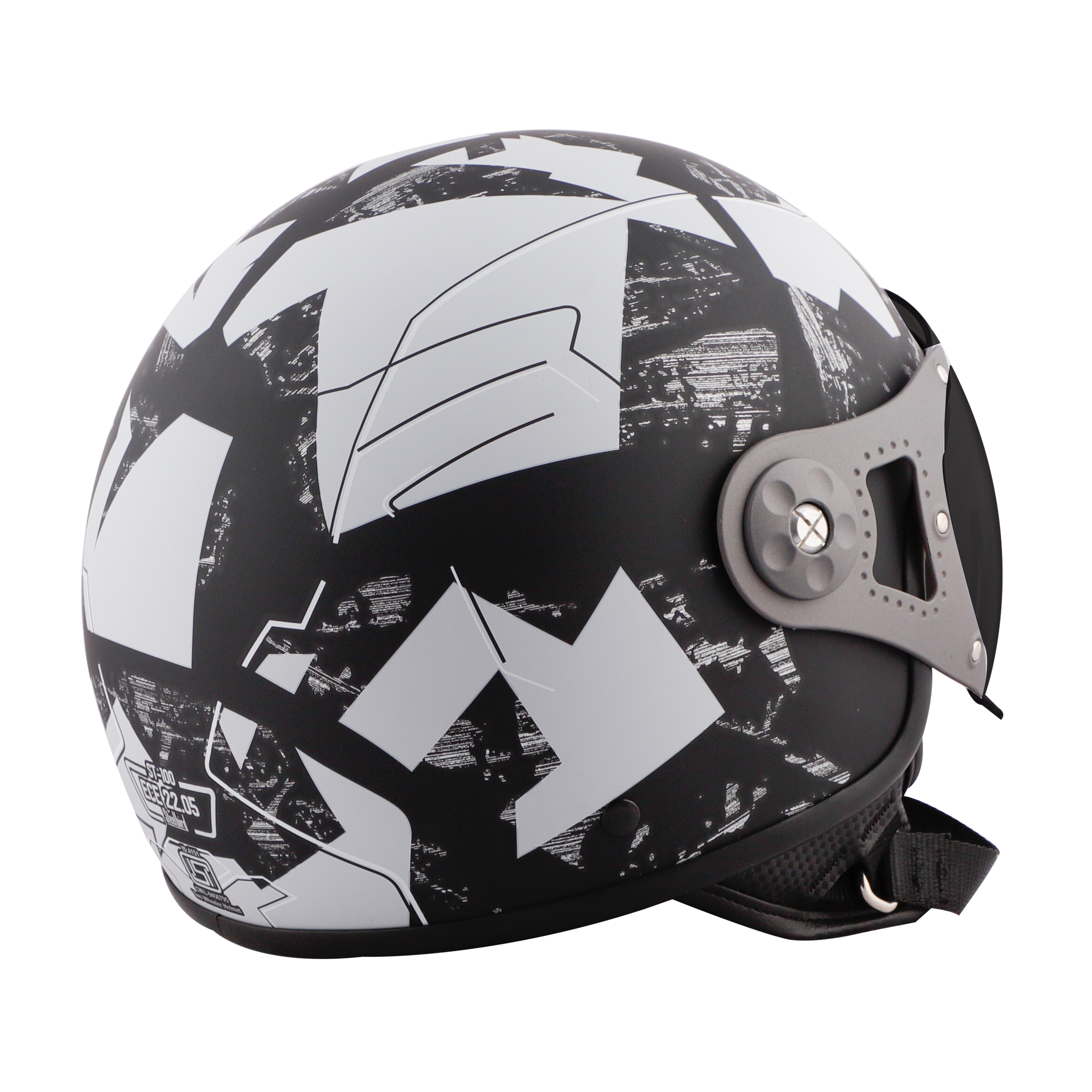 ST-100 CAMO ECE GLOSSY BLACK WITH SILVER (FITTED WITH CLEAR VISOR. SMOKE VISOR ONLY FOR ILLUSTRATION PURPOSE)
