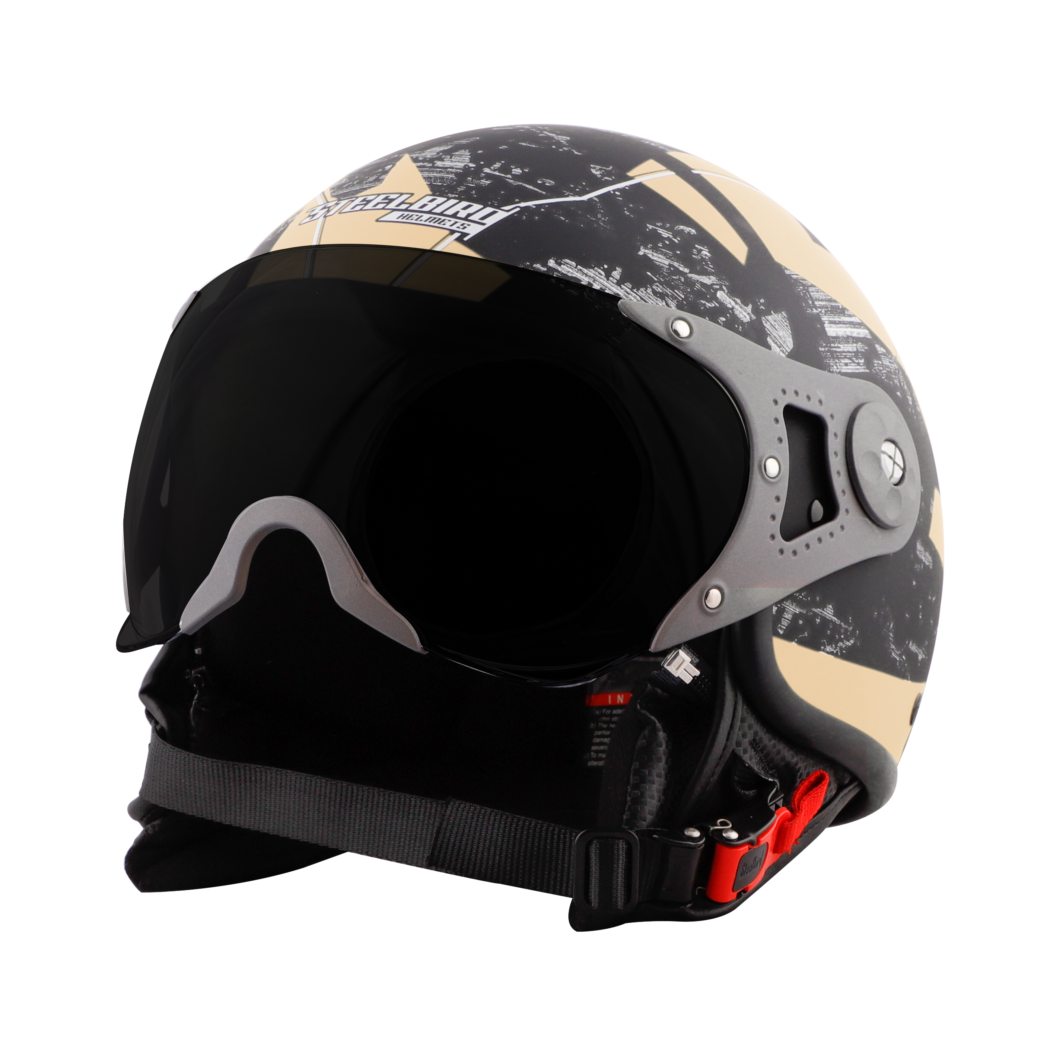 ST-100 CAMO ECE MAT BLACK WITH DESERT STORM (FITTED WITH CLEAR VISOR. SMOKE VISOR ONLY FOR ILLUSTRATION PURPOSE)