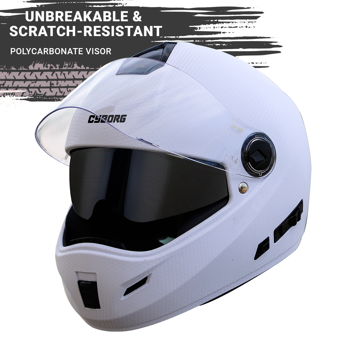 Steelbird Rox Cyborg ISI Certified Full Face Helmet For Men And Women With Inner Smoke Sun Shield And Outer Clear Visor ( Dashing White )