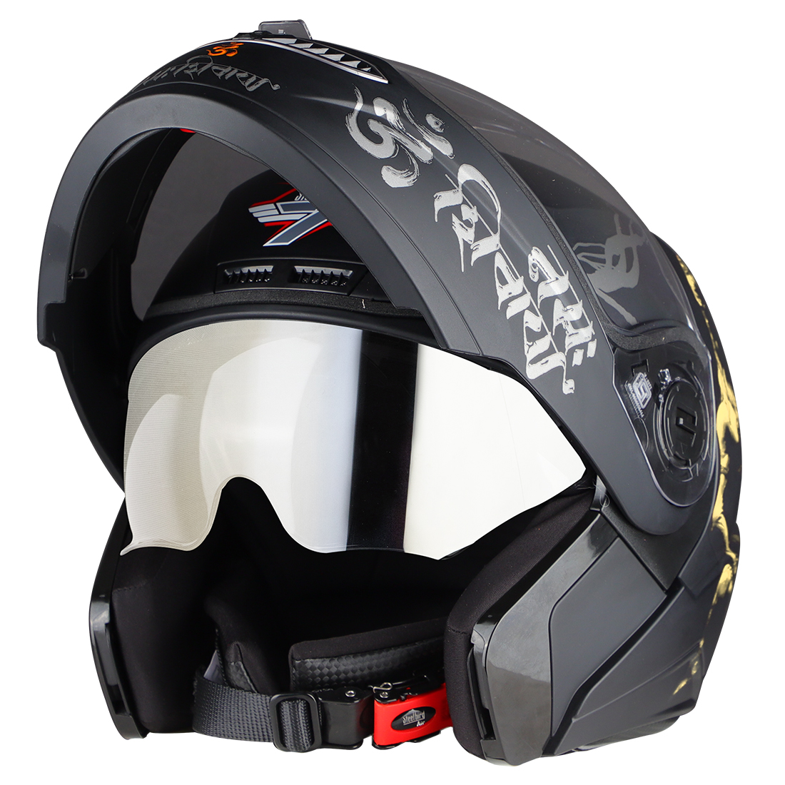 Steelbird SBA-7 Mahadev ISI Certified Flip-Up Helmet For Men And Women With Sun Shield (Matt Black Gold With Clear Visor)