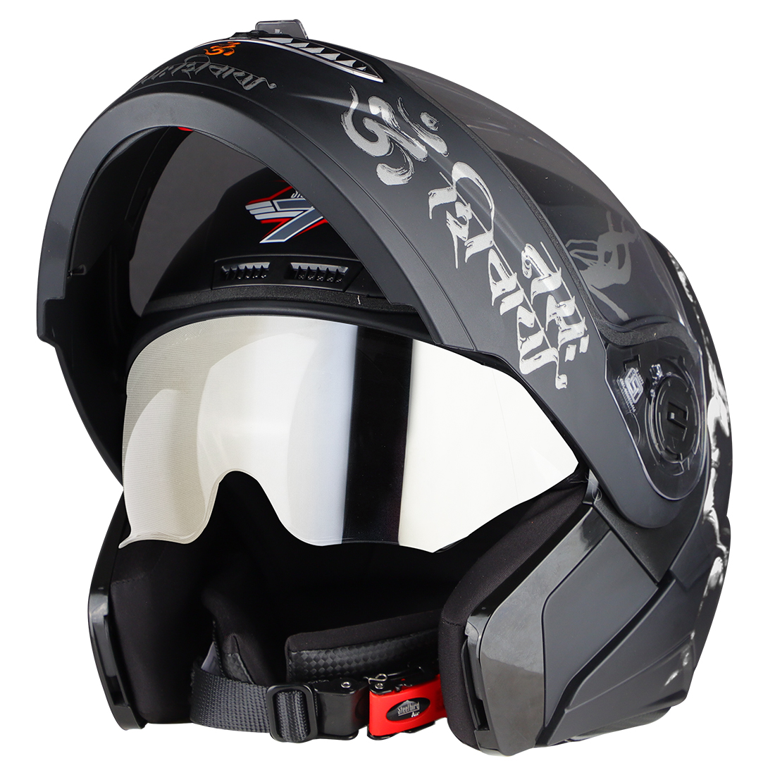 Steelbird SBA-7 Mahadev ISI Certified Flip-Up Helmet for Men and Women with Sun Shield (Matt Black White with Clear Visor)