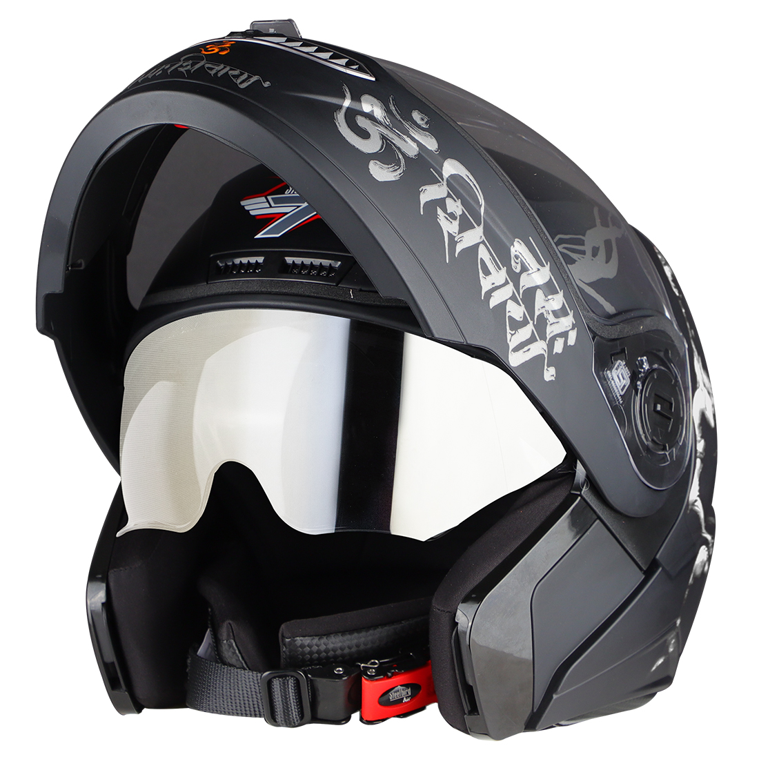 Steelbird SBA-7 Mahadev ISI Certified Flip-Up Helmet For Men And Women With Sun Shield (Matt Black White With Clear Visor)