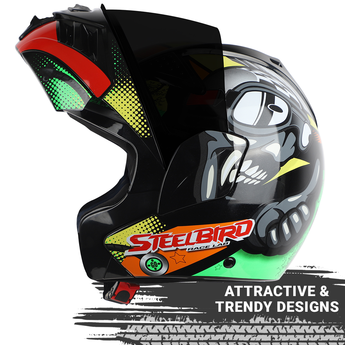 Steelbird SB-34 TRX Comic ISI Certified Flip-Up Helmet For Men And Women (Glossy Black Green With Smoke Visor)