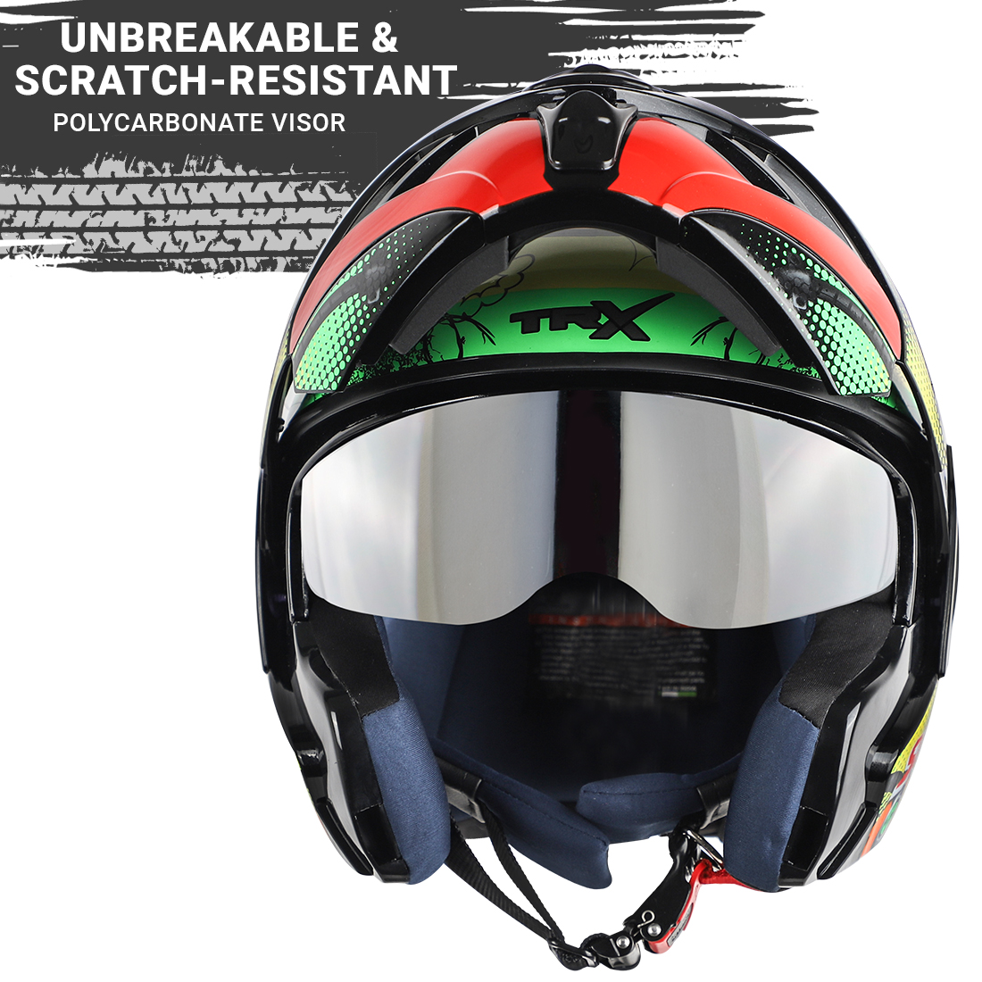 Steelbird SB-34 TRX Comic ISI Certified Flip-Up Helmet For Men And Women With Inner Sun Shield (Glossy Black Green With Clear Visor)