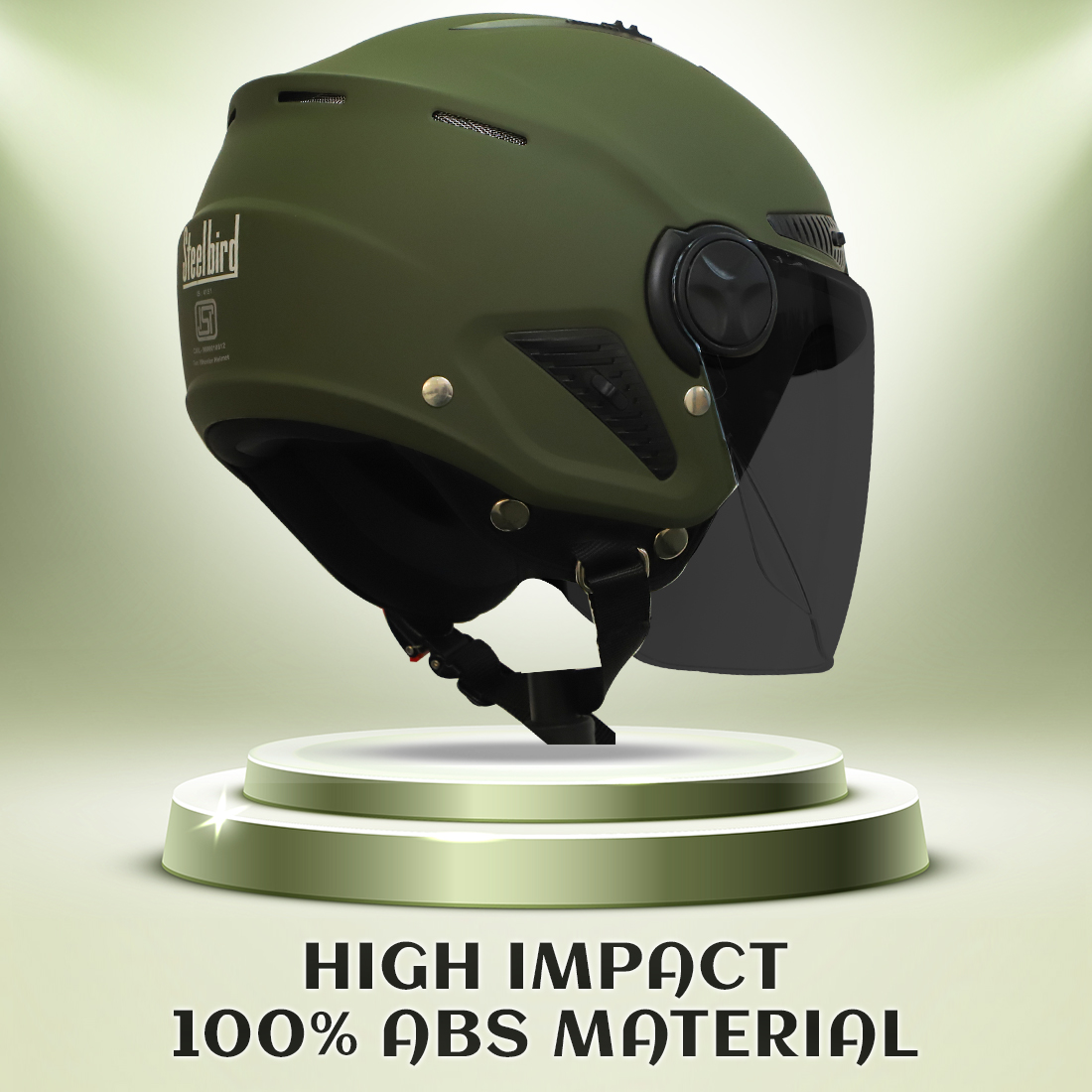 Steelbird SBH-24 Boxx ISI Certified Open Face Helmet For Men And Women (Matt Battle Green With Smoke Visor)