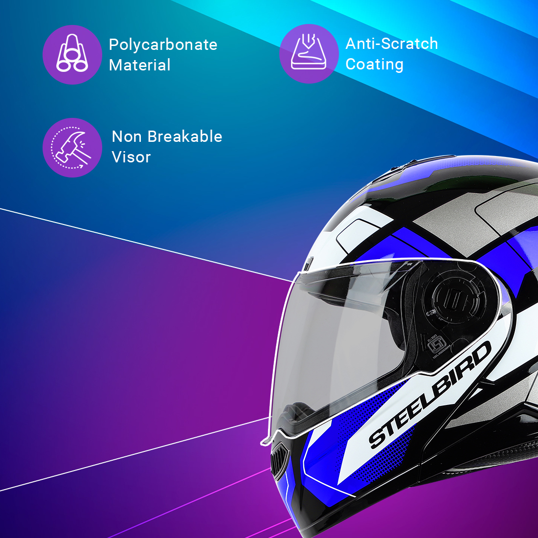 Steelbird SBA-7 Huracan ISI Certified Flip-Up Helmet For Men And Women (Glossy Black Blue With Clear Visor)