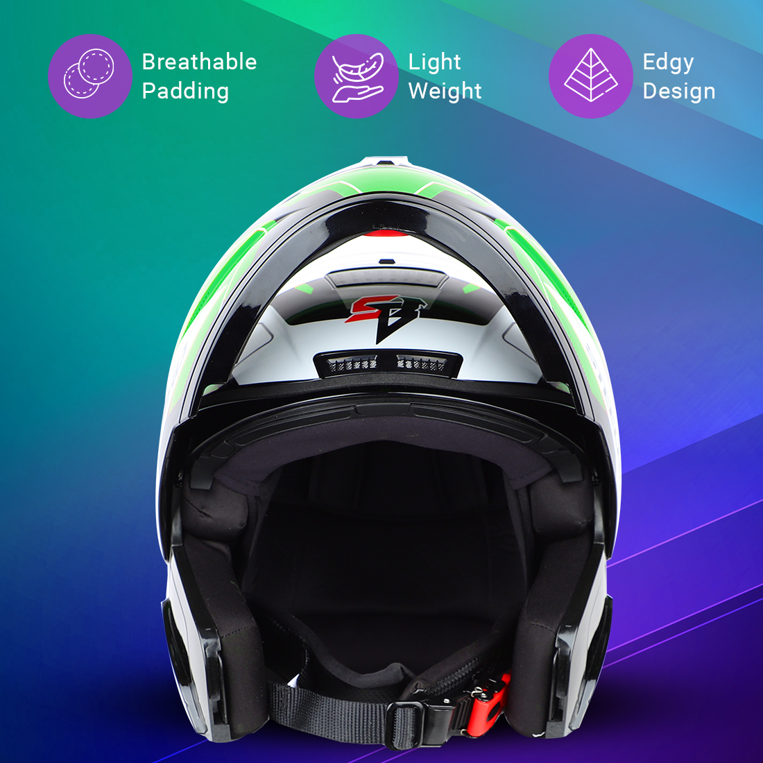 Steelbird SBA-7 Huracan ISI Certified Flip-Up Helmet For Men And Women (Glossy Black Green With Clear Visor)