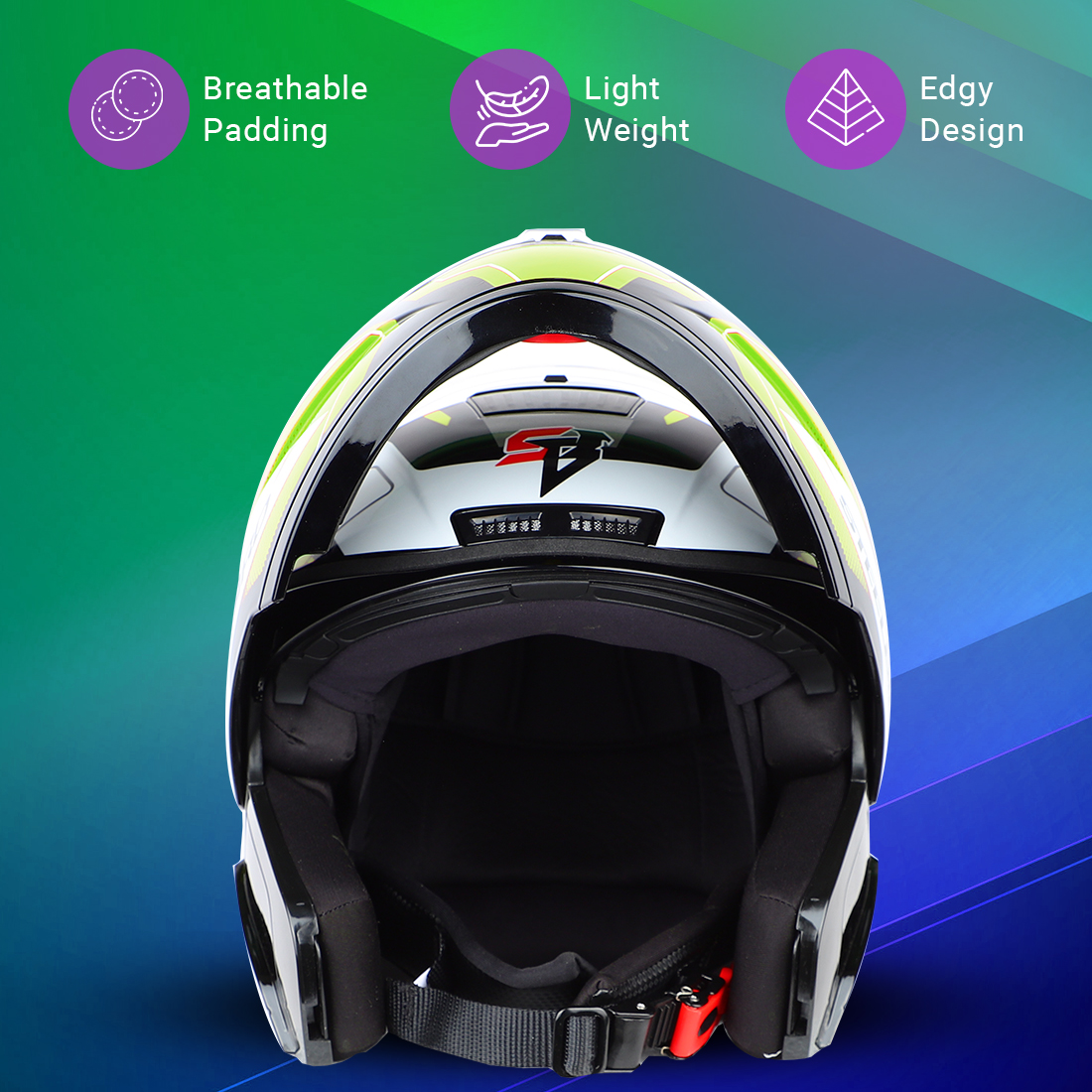 Steelbird SBA-7 Huracan ISI Certified Flip-Up Helmet For Men And Women (Glossy Black Neon With Clear Visor)