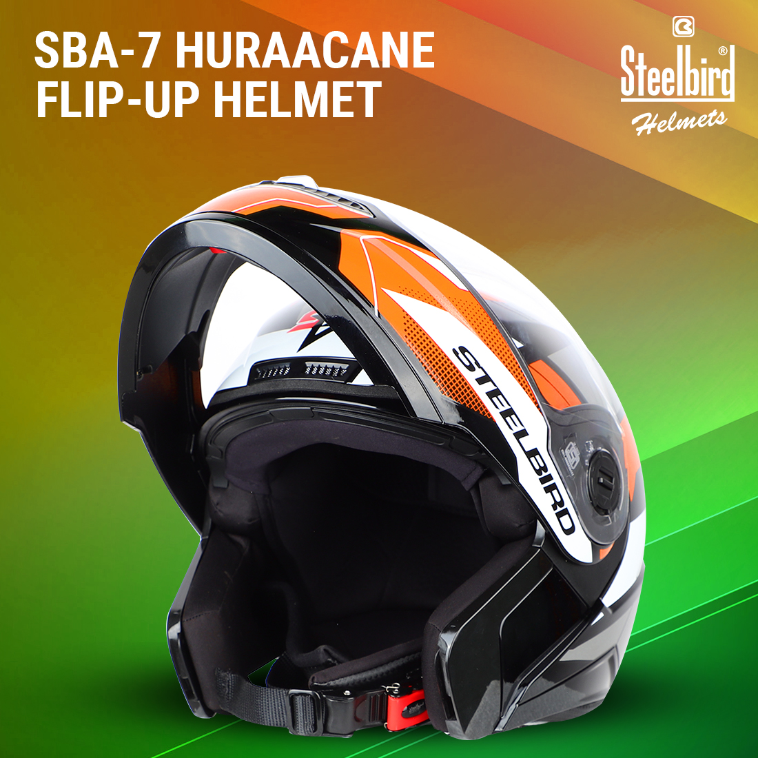 Steelbird SBA-7 Huracan ISI Certified Flip-Up Helmet For Men And Women (Glossy Black Orange With Clear Visor)