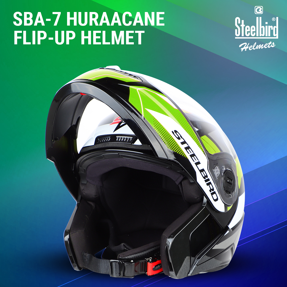 Steelbird SBA-7 Huracan ISI Certified Flip-Up Helmet For Men And Women (Matt Black Neon With Clear Visor)