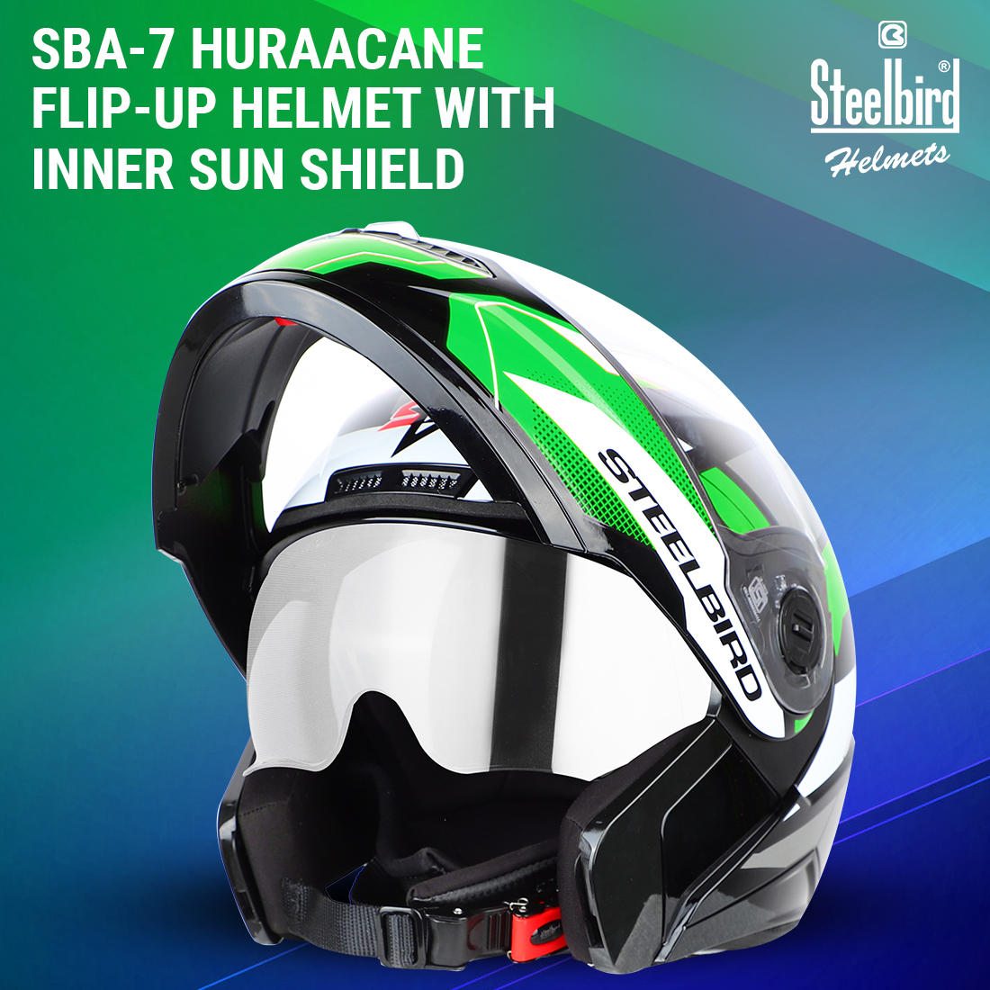 Steelbird SBA-7 Huracan ISI Certified Flip-Up Helmet For Men And Women With Inner Sun Shield (Glossy Black Green)