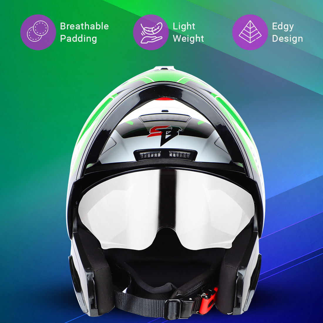 Steelbird SBA-7 Huracan ISI Certified Flip-Up Helmet For Men And Women With Inner Sun Shield (Glossy Black Green)